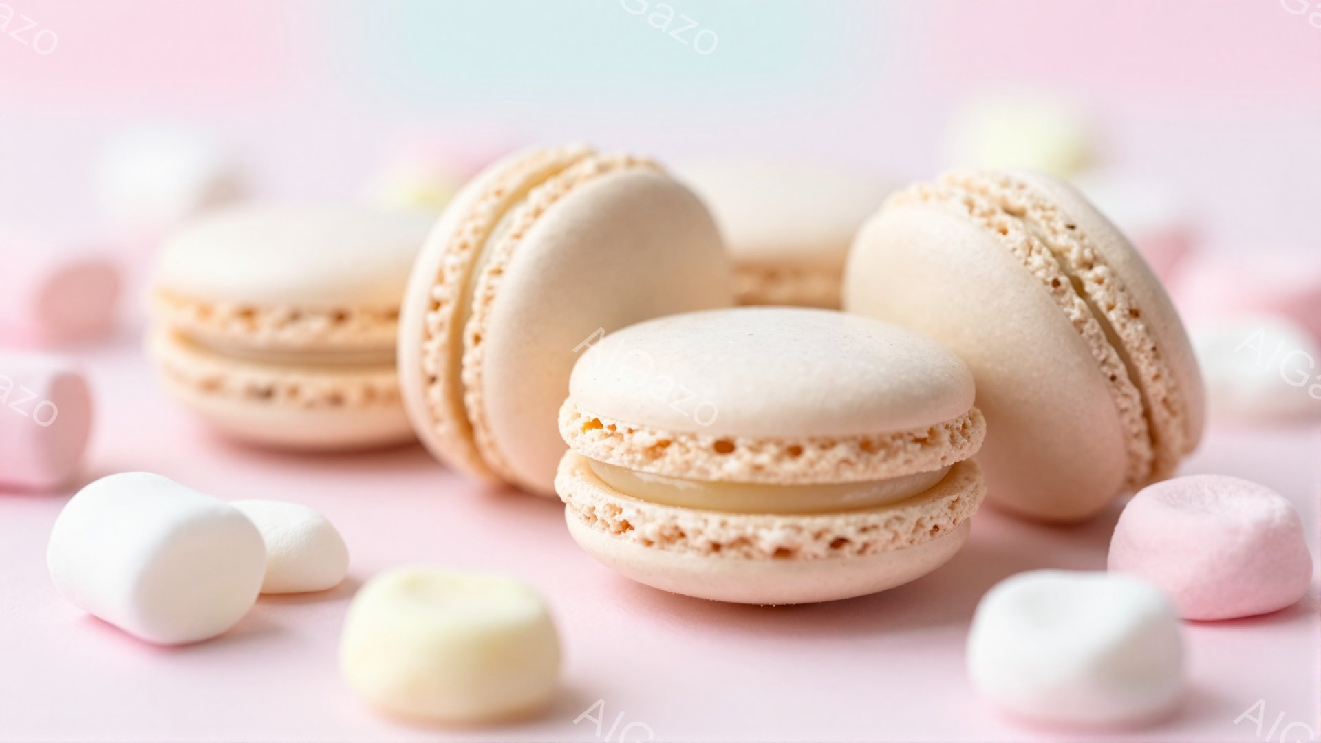 淡いピンク色の背景に、淡いベージュ色のマカロンと白いマシュマロが散りばめられています。マカロンは３つが少し重なり合うように配置され、クリームが挟まっている様子がわかります。全体的に柔らかく甘い雰囲気で、パステルカラーが可愛らしさを引き立てています。