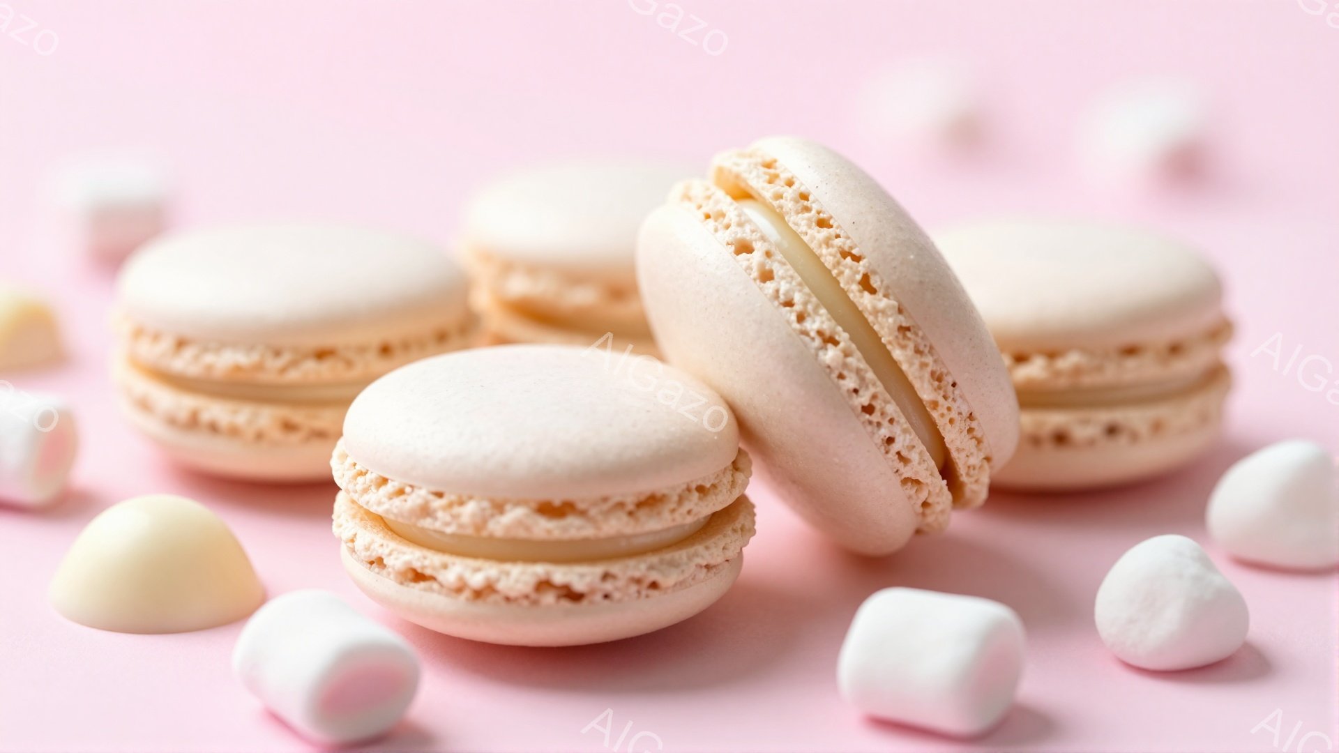 淡いピンク色の背景に、マカロンとマシュマロが散りばめられています。マカロンはクリーム色のフィリングが見えるように半分に割られており、繊細な色合いと食感が楽しめます。全体的にパステルカラーで統一されており、柔らかく可愛らしい雰囲気です。