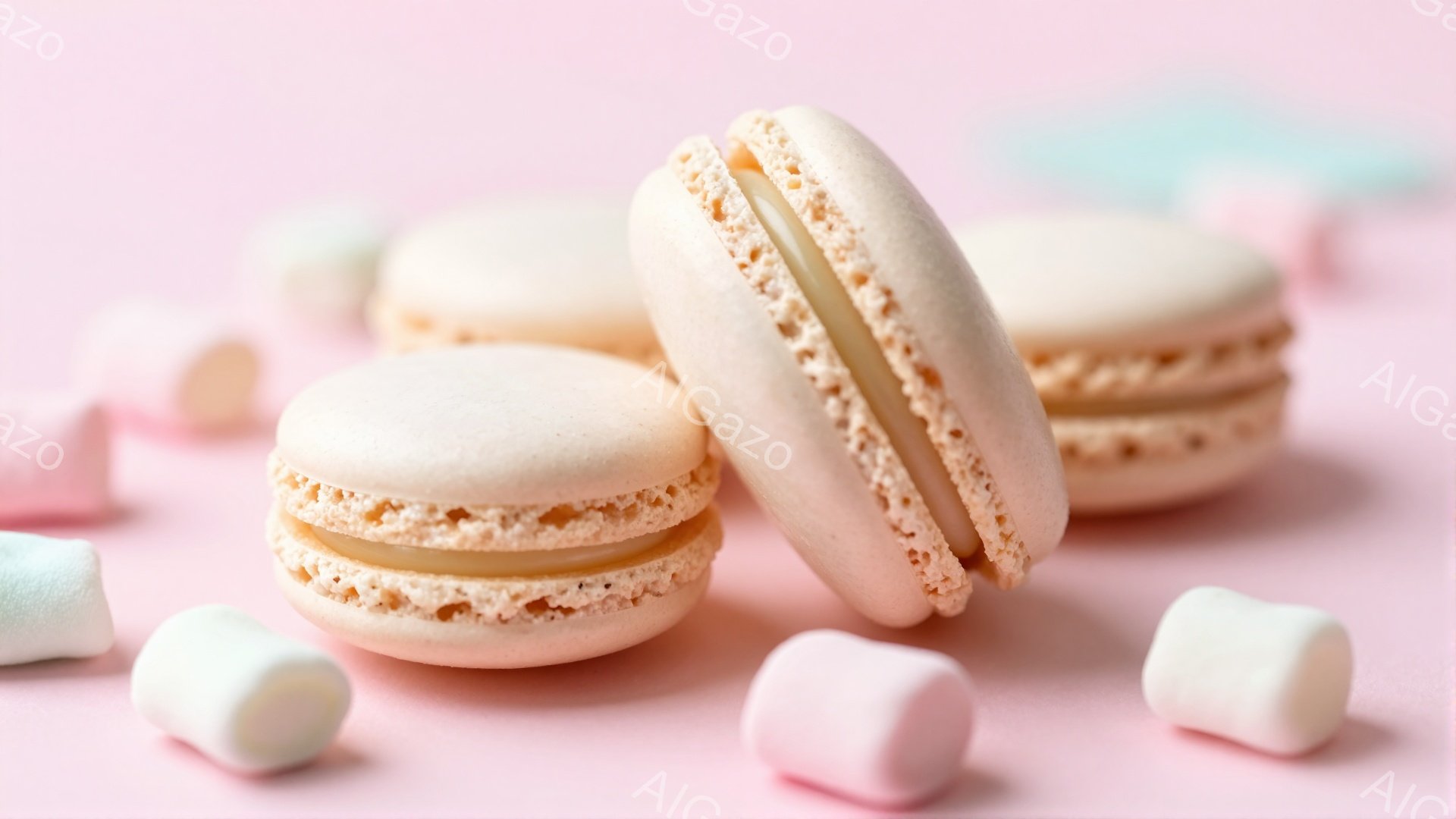 淡いピンク色の背景に、マカロンとマシュマロが散りばめられています。マカロンはベージュ色で、クリームが挟まっており、そのうちの一つは横向きで中身が見えています。全体的に柔らかく、甘いお菓子の世界観が漂う、パステルカラーで可愛らしい雰囲気です。