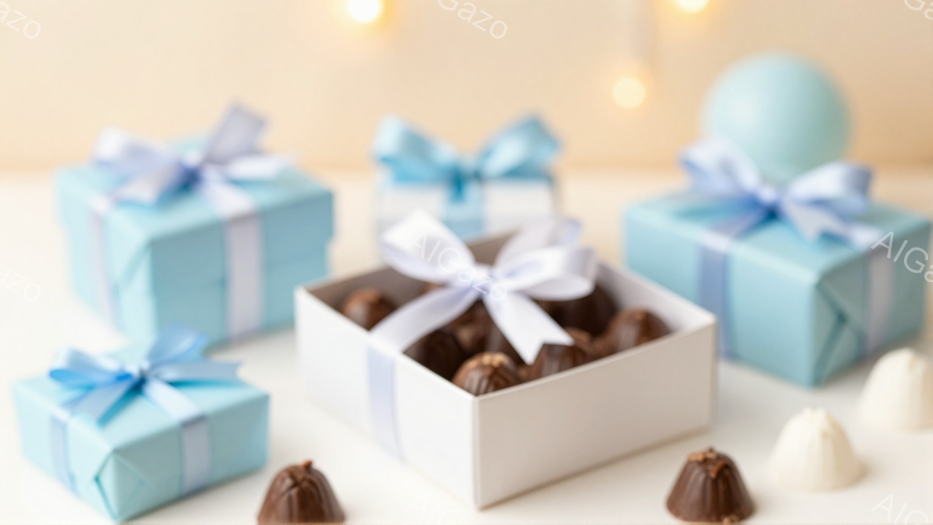 白いテーブルの上に、チョコレートが詰まった白い箱と、リボンのかかった水色のギフトボックスが並んでいます。箱の中のチョコレートは、ナッツを包んだような形をしており、周りには白いマシュマロのようなものがいくつか散らばっています。背景はぼやけていますが、淡い色調で、お祝いや特別な日の雰囲気を醸し出しています。