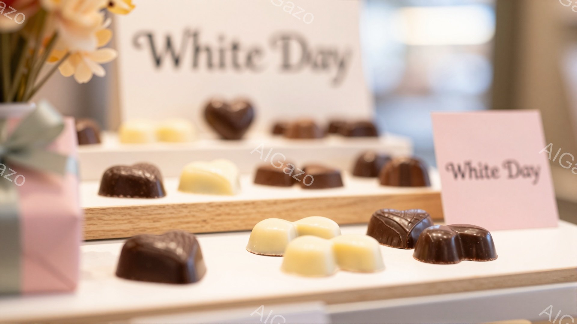 画像には、バレンタインデーのお返しである「ホワイトデー」をテーマにしたプレゼントが写っています。チョコレートは様々な形、特にハート型や角ばった形をしており、濃い茶色と白の色合いが特徴です。背景には白いボードに「White Day」と書かれており、全体的に甘くてロマンチックな雰囲気を醸し出しています。