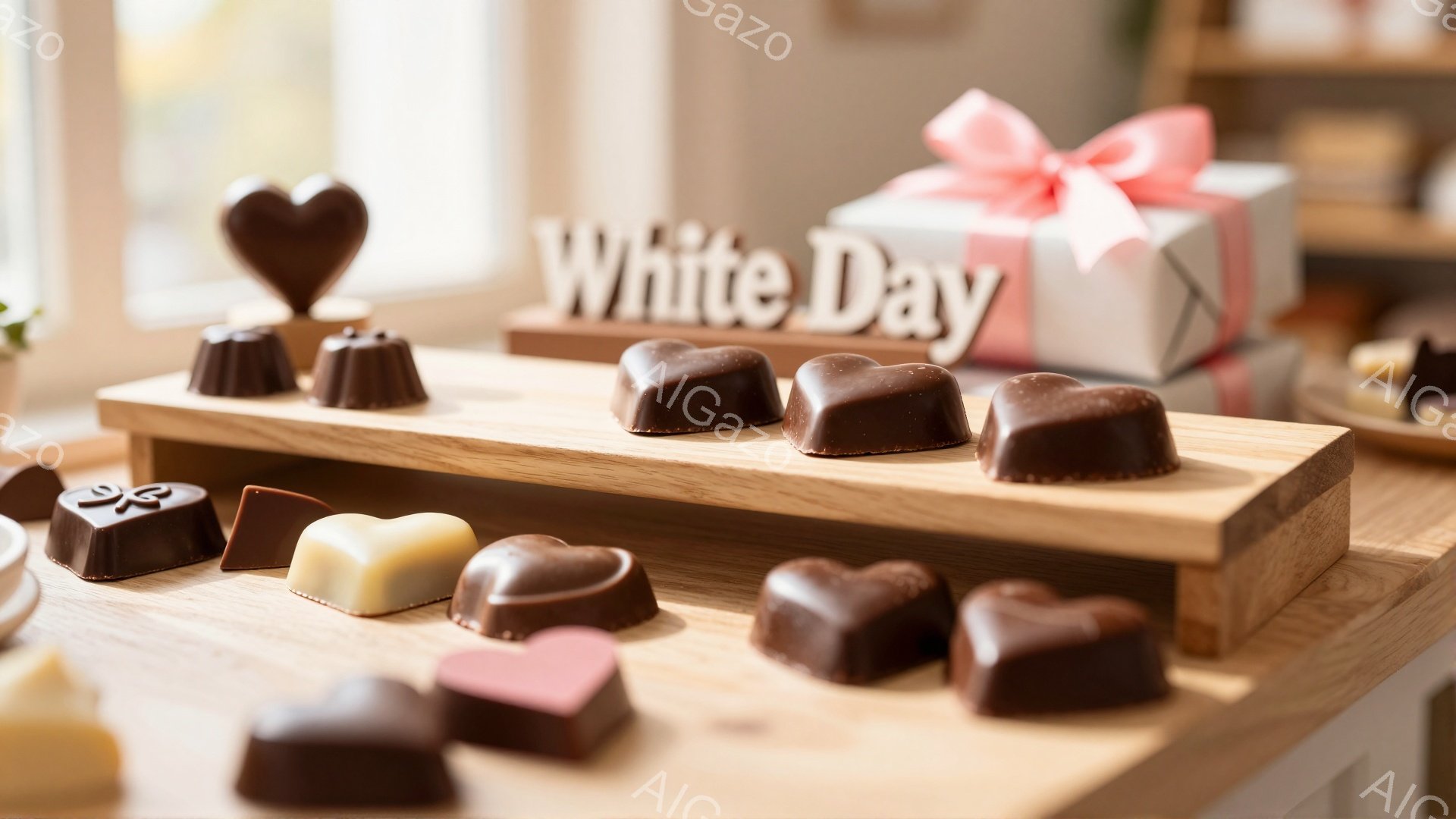 画像には、様々なチョコレートが木製の台に並べられています。背景には「White Day」と書かれた装飾と、リボンで飾られたプレゼントボックスが見え、お祝いの雰囲気が漂っています。チョコレートはハート型や四角形など様々な形をしており、美味しそうに光沢があります。