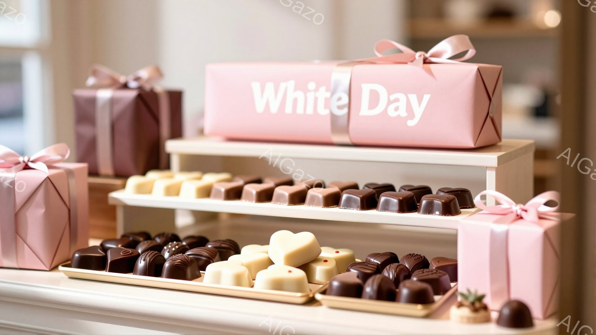 白い背景に、ピンク色の包装紙でラッピングされたギフトボックスと、様々な種類のチョコレートが並べられています。チョコレートは、白、ミルク、ダークなど様々な色があり、中にはハート型や四角形のものもあります。全体的に、バレンタインデーの次の日である「ホワイトデー」を意識した、甘くてロマンチックな雰囲気が漂っています。
