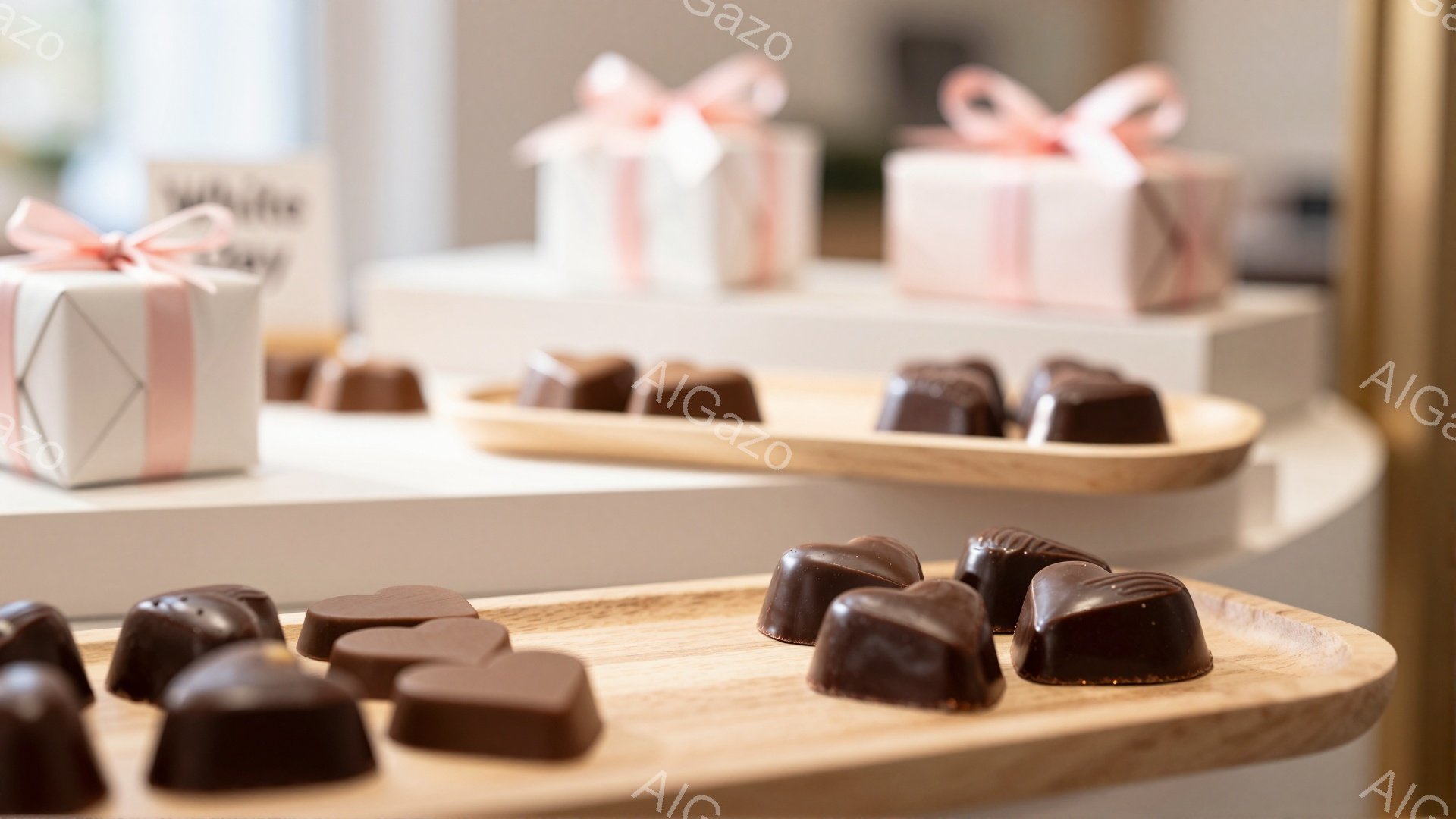 画像には、ハート型のチョコレートが木製のトレイに並べられています。背景には、ピンクのリボンで飾られた白いギフトボックスがいくつか見え、明るく温かい雰囲気を醸し出しています。全体的に、バレンタインデーや特別な機会にふさわしい甘くて優しいイメージです。