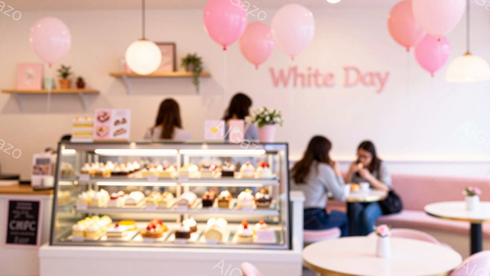 白い背景にピンクの装飾が施されたカフェの内部で、ショーケースには様々なケーキやデザートが並んでいる。数人の女性がカウンターやテーブル席で飲食を楽しんでいるようで、穏やかで可愛らしい雰囲気が漂っている。ピンク色の風船や花が飾られ、特にバレンタインデーやホワイトデーといったイベントを意識した空間であることが伺える。