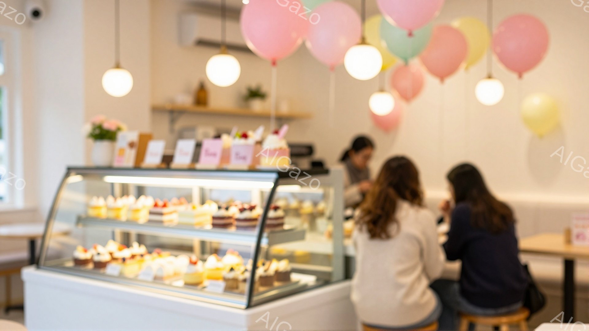 店内にはショーケースに並んだ色とりどりのケーキやカップケーキが並び、可愛らしい雰囲気が漂っています。二人の女性がカウンター席に座り、何かを話している様子で、明るい照明とパステルカラーの風船が柔らかい雰囲気を演出しています。背景には木製の棚や植物が見え、カフェの温かい空間が表現されています。