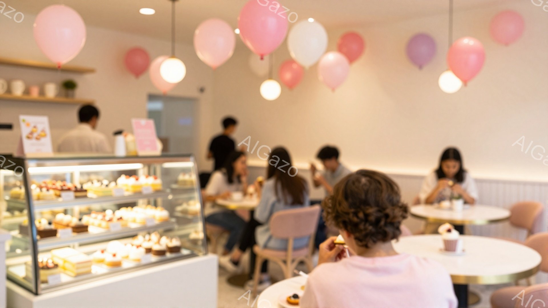 白を基調としたケーキ屋の中の様子で、ショーケースには様々なケーキが並べられています。数人の客がテーブルに座って談笑したり、ケーキを楽しんだりしています。ピンクと白の風船が天井から吊り下げられており、柔らかく、お祝いのような雰囲気を醸し出しています。