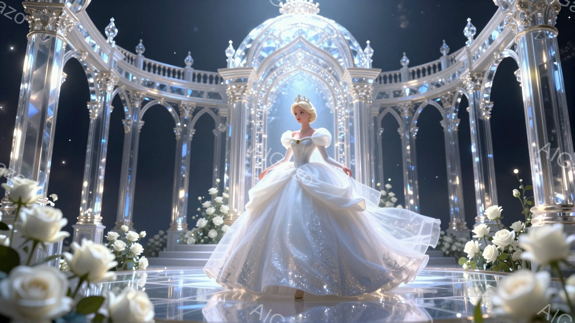 白い豪華なガウンを身にまとった女性が、階段状のプラットフォームで優雅にポーズを取っています。彼女は金色の髪をまとめ、ティアラをつけており、微笑みを浮かべています。背景には、ネオクラシック様式の白い柱とアーチが立ち並び、足元には白いバラが咲き乱れており、幻想的で華やかな雰囲気を醸し出しています。