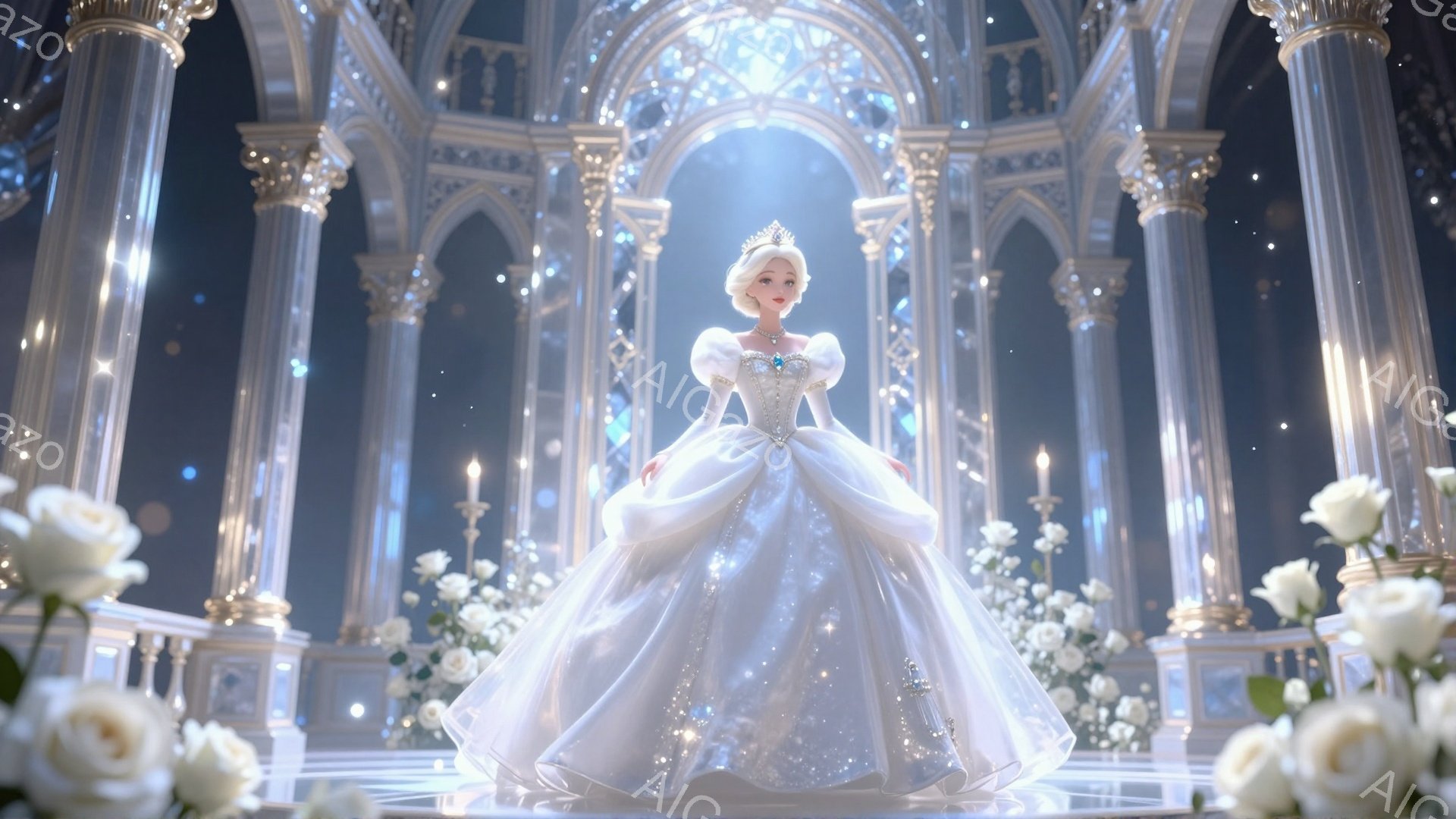 白い豪華なガウンを身につけた女性が、優雅にポーズをとっています。髪は丁寧にカールされ、ティアラが輝き、顔には穏やかな微笑みが浮かんでいます。背景には、白いバラで飾られたアーチ状の柱が立ち並び、神聖で夢幻的な雰囲気を醸し出しています。
