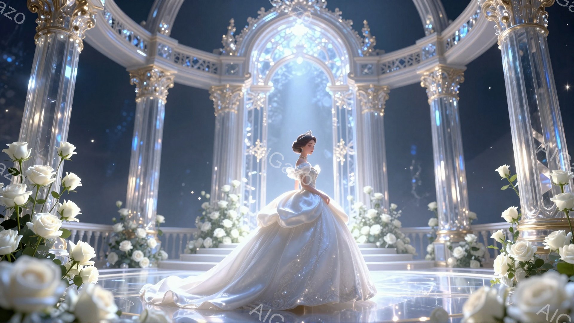 純白のウェディングドレスを身にまとった女性が、豪華な装飾が施された白い大理石の階段に立っている。彼女は繊細なティアラをつけ、髪はエレガントにまとめられ、優しい微笑みを浮かべている。背景には高い白い柱と - AI生成フリー素材