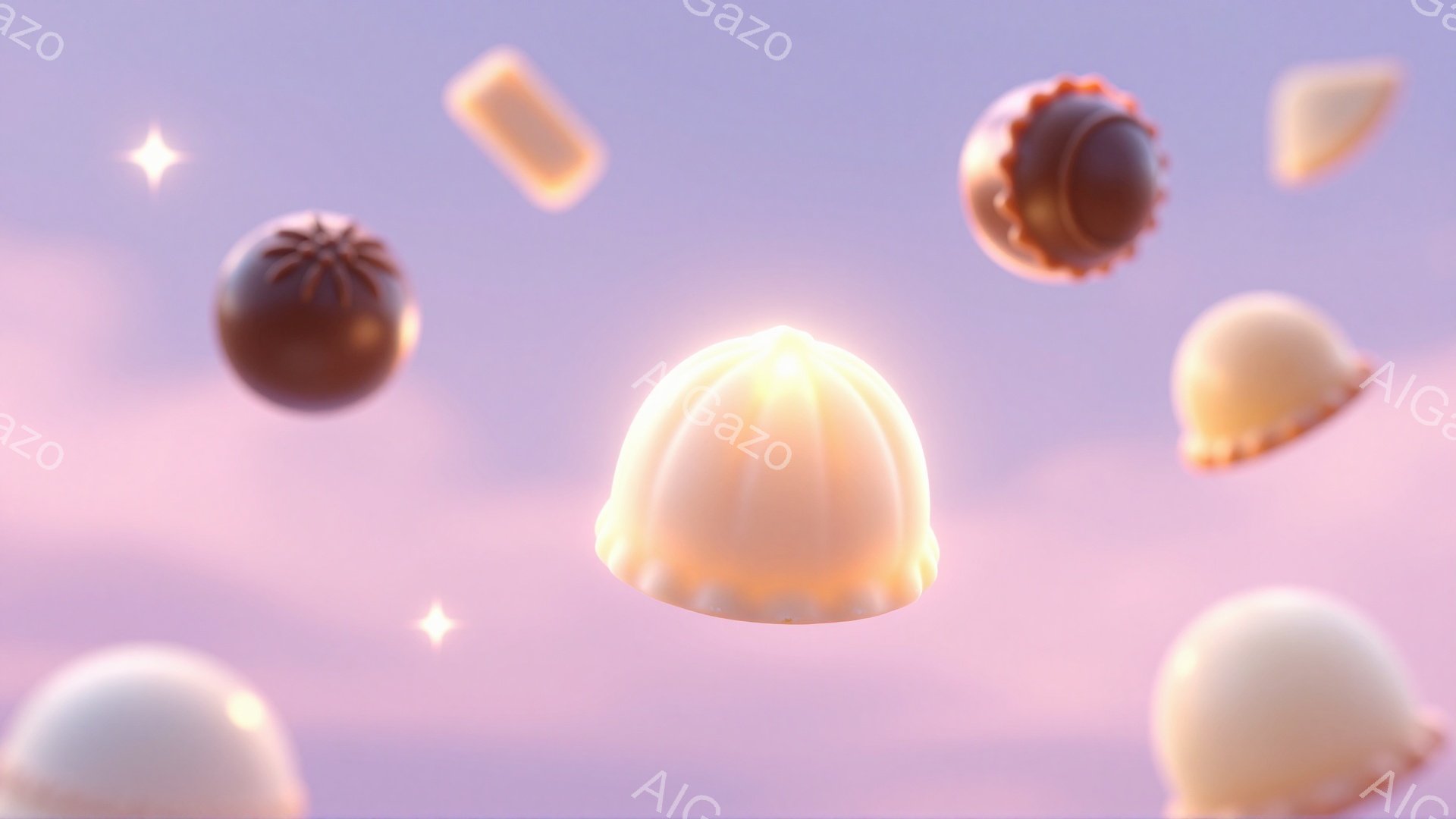 空中に様々なチョコレートが浮かんでおり、それぞれ異なる色と形をしている。背景は淡いピンクと紫のグラデーションで、キラキラとした光が散りばめられ、夢幻的な雰囲気を醸し出している。全体的に柔らかく、甘いお - AI生成フリー素材