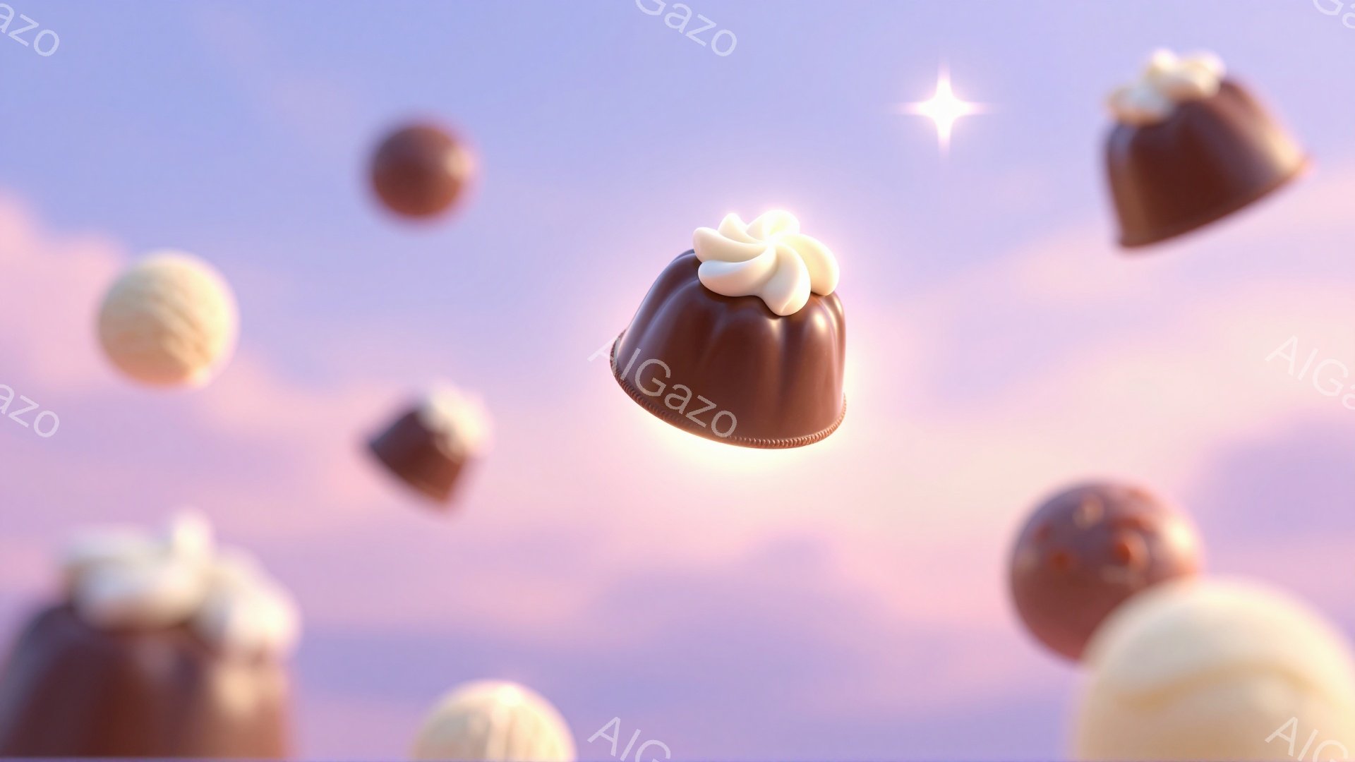 チョコレートが空中に浮かんでおり、クリームが塗られたものがいくつかあります。背景は淡いピンクと紫色のグラデーションで、まるで夢のような雰囲気を醸し出しています。全体的に柔らかく、甘い雰囲気が漂う、お菓 - AI生成フリー素材