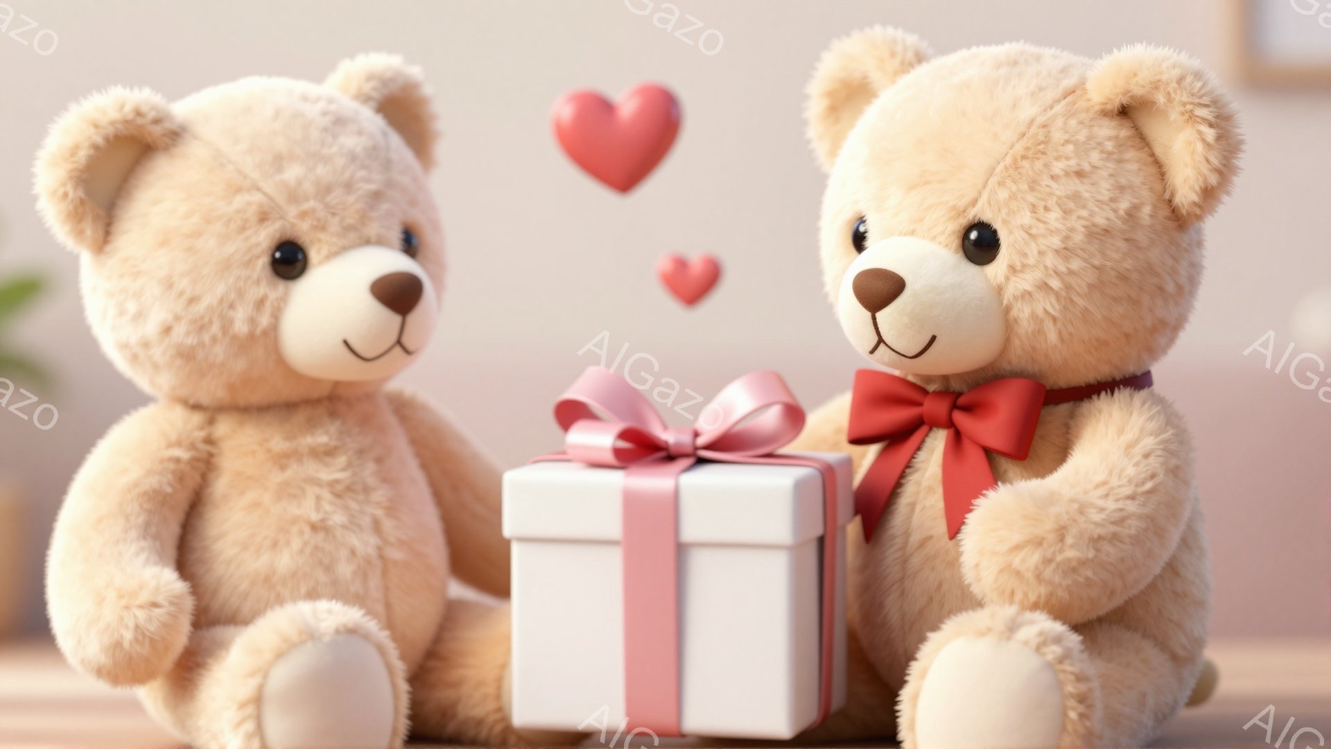 柔らかい茶色のテディベアが2匹、明るい背景に座っています。片方のクマは赤いリボンを首に巻いており、正面にはピンクのリボンで飾られた白いギフトボックスが置かれています。上には赤いハートが浮かび、愛情あふ - AI生成フリー素材