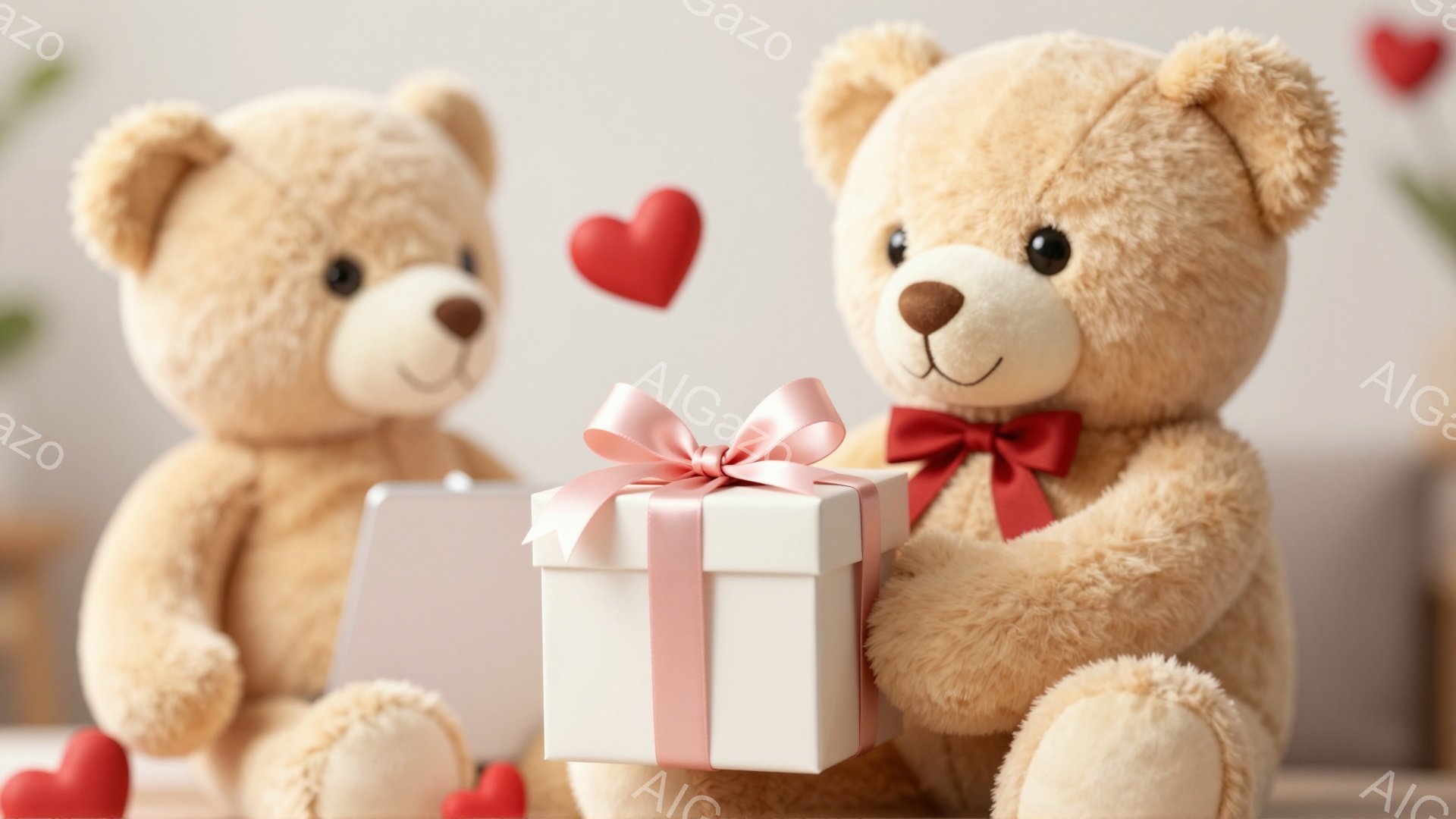 ふわふわの茶色のテディベアが2匹写っています。片方のクマは白いプレゼントボックスにピンクのリボンを巻いて抱えており、もう片方のクマはタブレットを見つめています。背景にはハートのモチーフがあり、暖かい雰 - AI生成フリー素材