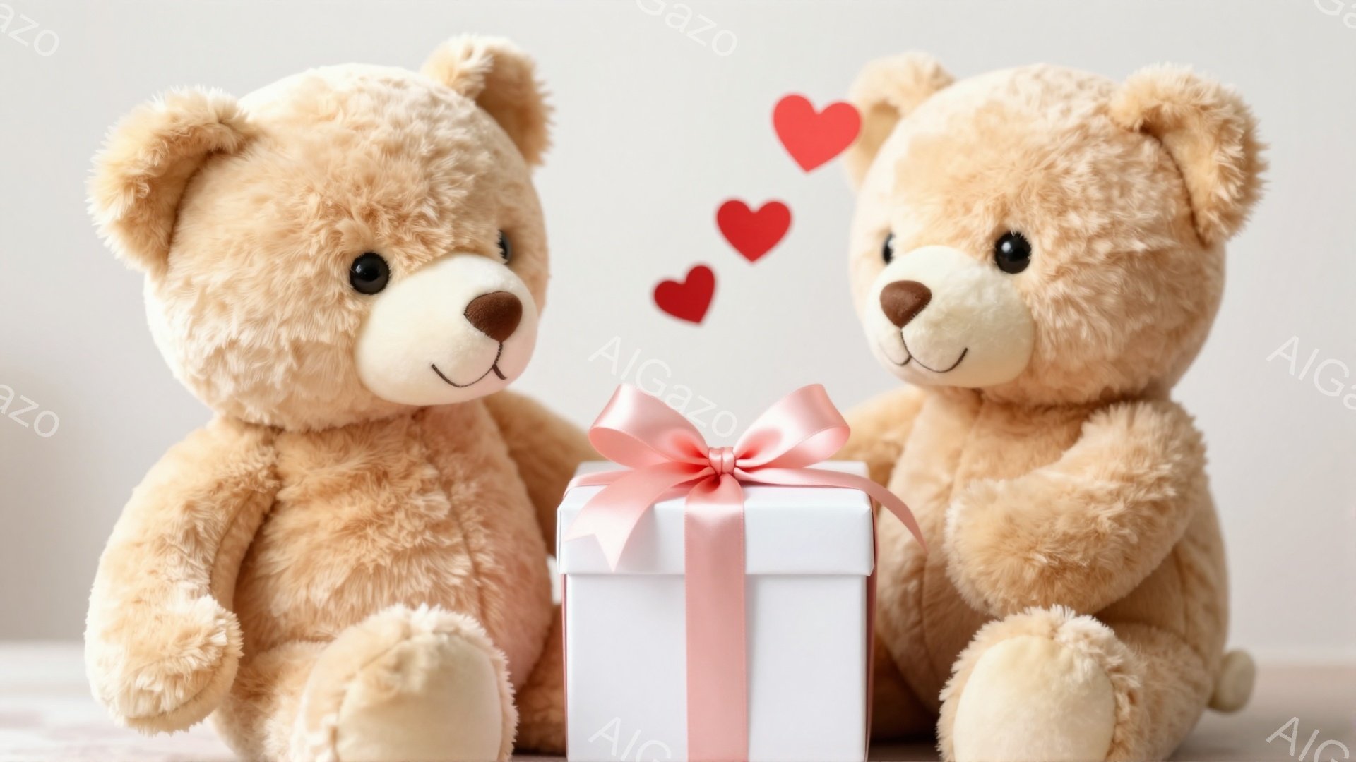2匹のテディベアが白いギフトボックスを挟んで座っています。ギフトボックスはピンクのリボンで飾られており、その上には3つの赤いハートが浮かんでいます。全体的に暖かく、愛情に満ちた雰囲気で、プレゼント交換 - AI生成フリー素材