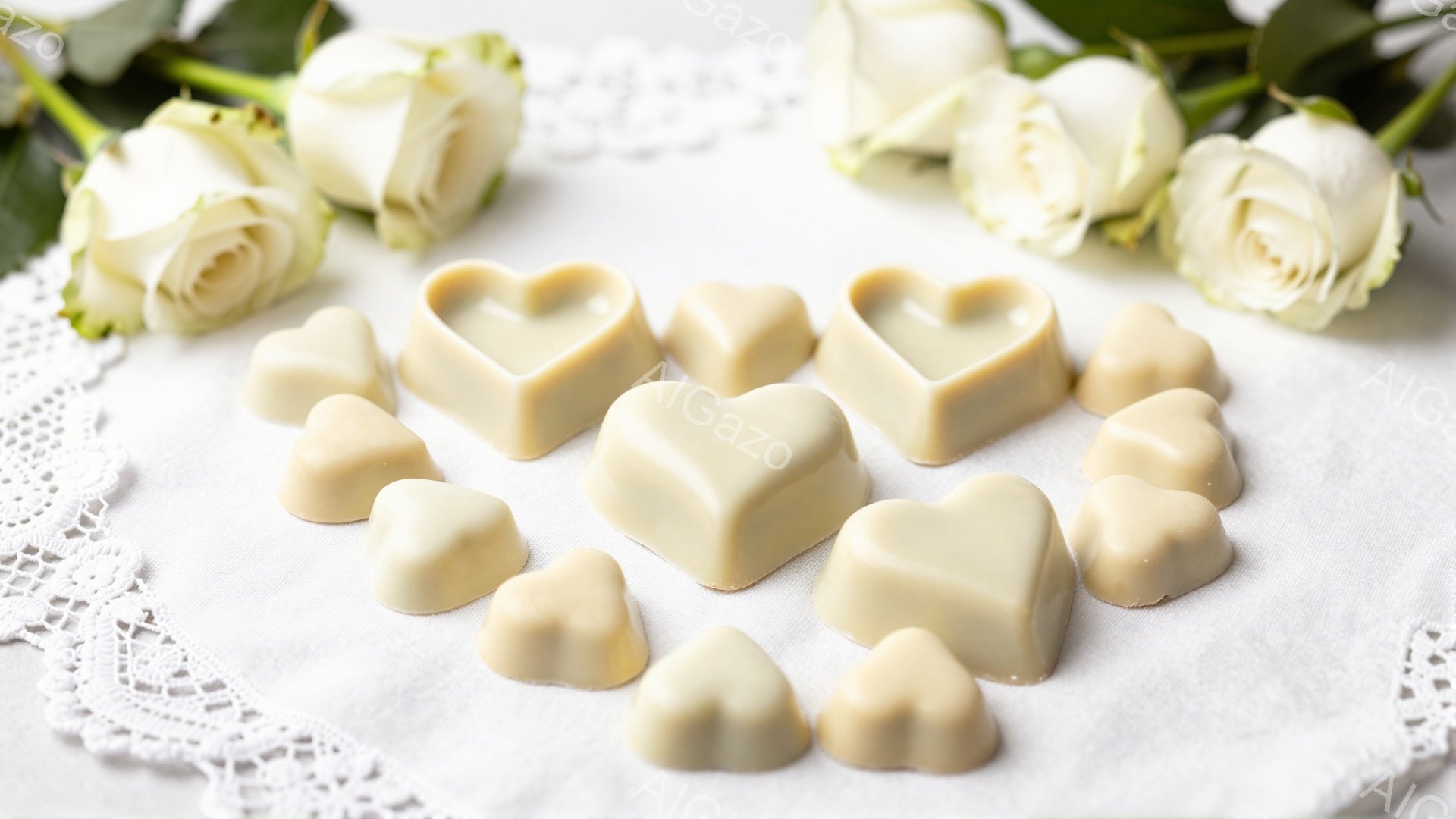 白いレースのテーブルクロスの上に、淡いクリーム色のハート型のチョコレートが散りばめられています。奥には、白く美しいバラが数輪、緑の葉と共に配置され、柔らかくロマンチックな雰囲気を醸し出しています。全体的に淡い色調で、穏やかで上品な印象を与えます。