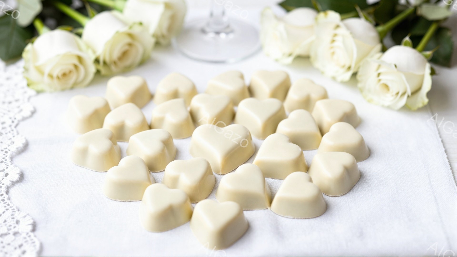 白いテーブルクロスの上に、ハート型のチョコレートが散りばめられています。左上には白いバラの花束が置かれ、背景にはレースのテーブルマットが見えます。全体的に淡い色調で、ロマンチックで優しい雰囲気が漂っています。