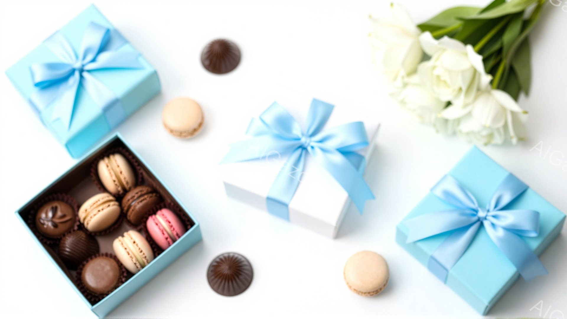 白い背景の上に、カラフルなマカロン、チョコレート、そして水色のリボンで飾られたギフトボックスが散りばめられています。バラの花束も右上に配置され、贈り物や特別な機会を想起させる、甘くて華やかな雰囲気を醸し出しています。全体的に、明るく、洗練された、そしてお祝いムードの静物画です。