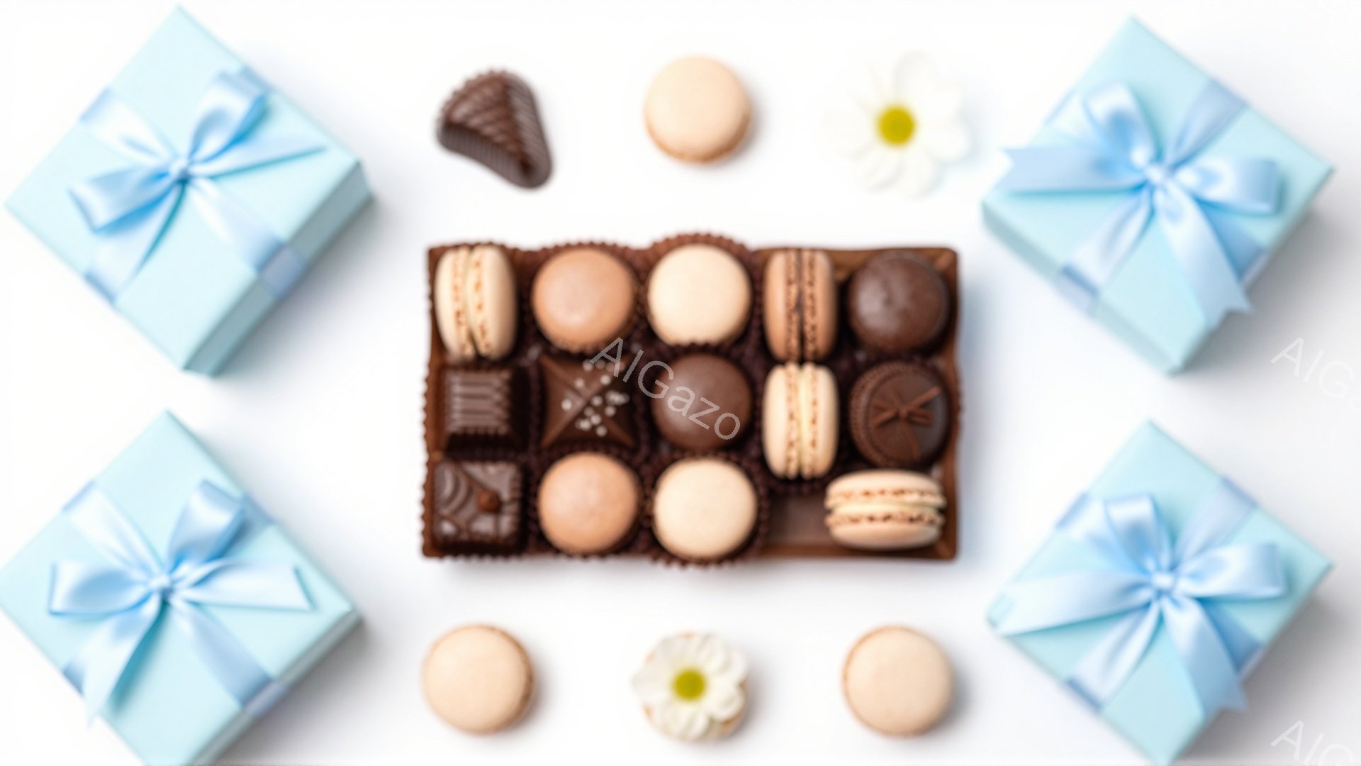 白い背景に、チョコレートの詰め合わせとマカロン、小さな花、そしてリボンで飾られた水色のギフトボックスが配置されています。チョコレートは様々な形と色をしており、マカロンは淡い色合いで、全体的に上品で甘い雰囲気を醸し出しています。ギフトボックスは四隅に配置され、お祝いや特別な日のプレゼントを連想させます。