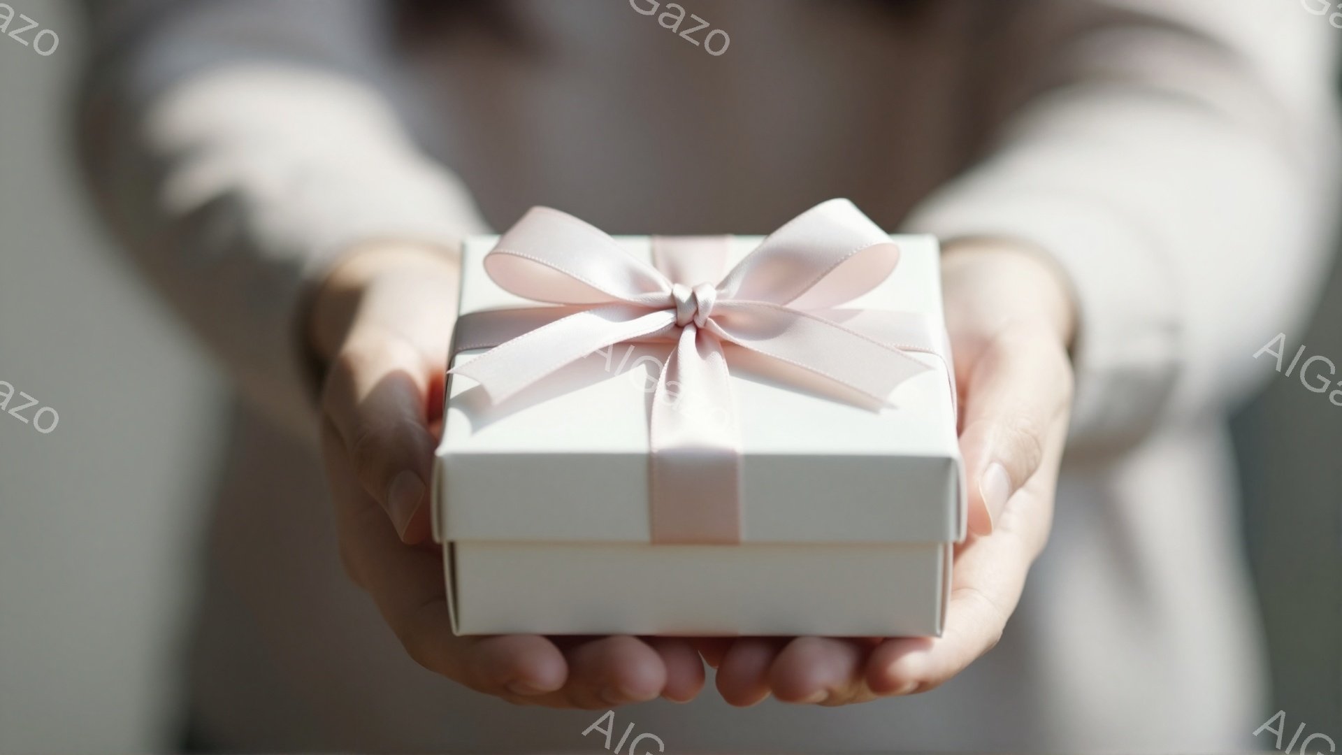 柔らかいベージュ色のニットを着た人物が、両手を前に差し出し、白いギフトボックスを提示している。箱は淡いピンクのリボンで上品に飾られており、贈り物やサプライズを予感させる。背景はぼやけており、暖かく穏やかな雰囲気を醸し出している。