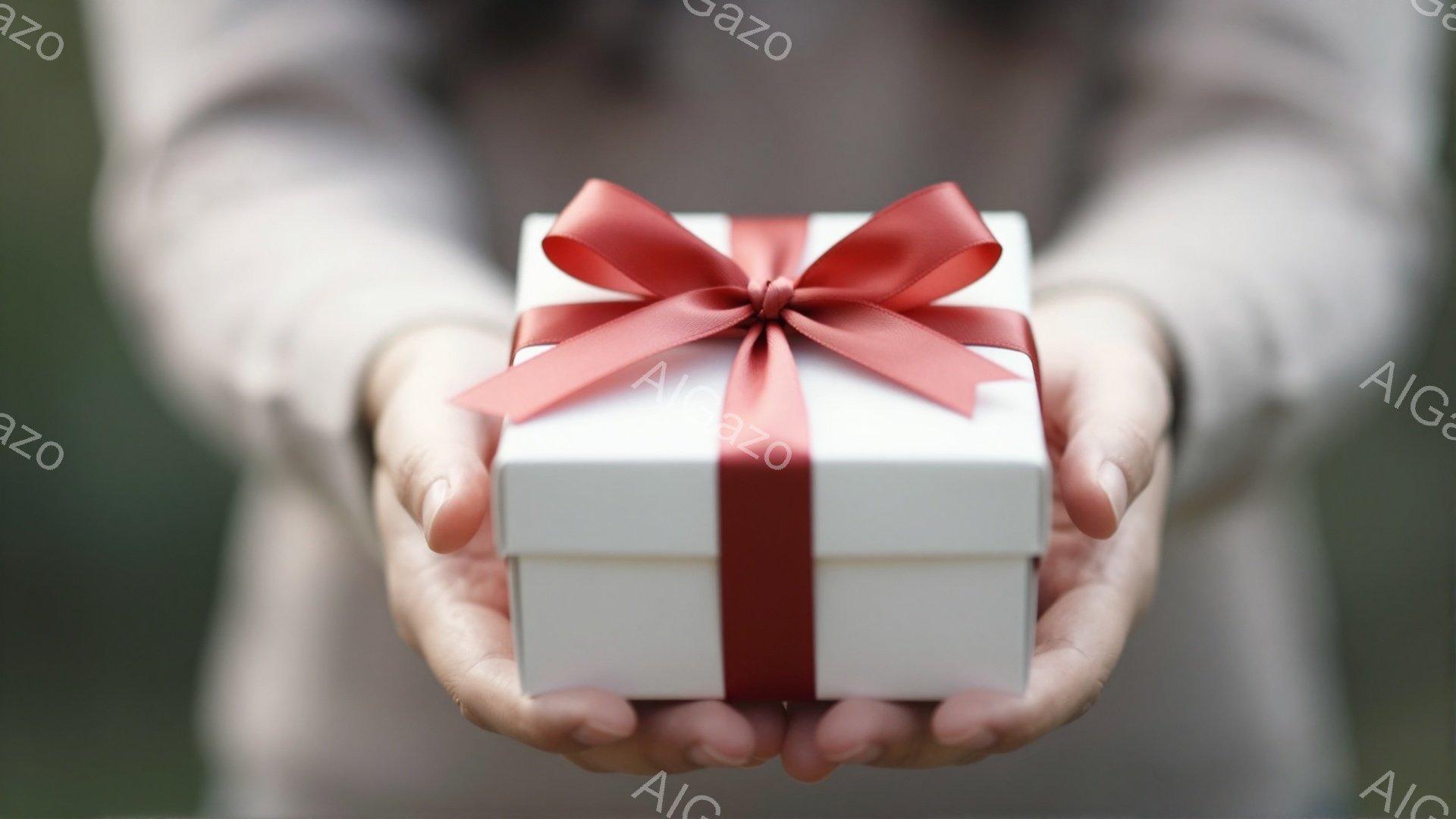 ベージュ色のセーターを着た人物が、両手を前に差し出し、白いギフトボックスを提示している。箱は赤いリボンとテープで飾られており、贈り物やサプライズの雰囲気を醸し出している。背景はぼやけた緑色で、穏やかで温かい印象を与える。