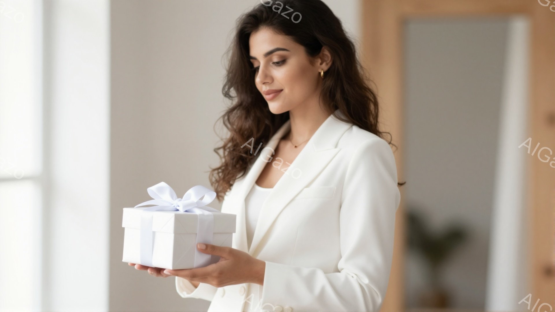 長い巻き毛の女性が白いジャケットとブラウスを着て、白いリボンで飾られた小さな白いギフトボックスを両手で抱えています。彼女は少し微笑んでおり、どこかを見つめているような視線を送っています。背景は明るい室 - AI生成フリー素材