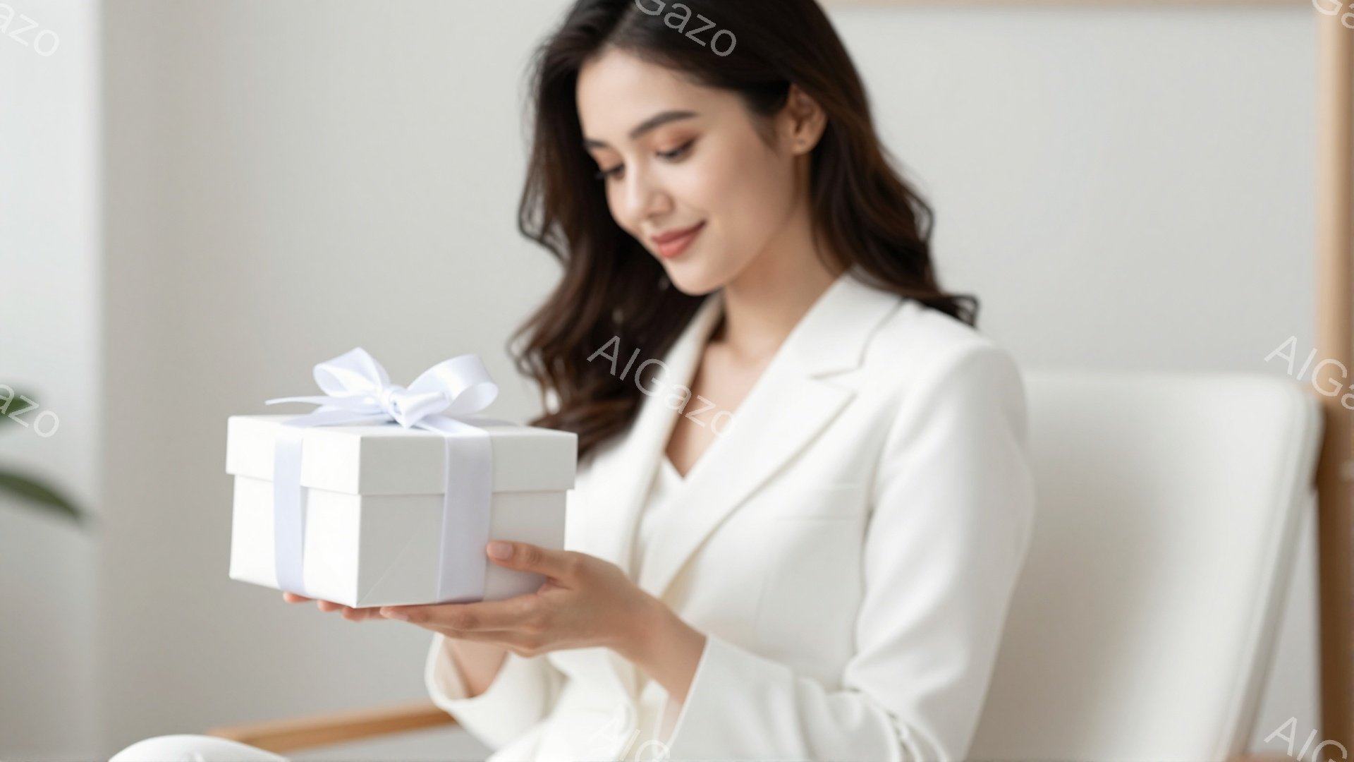 長い黒髪で、白いジャケットを着た女性が、白いリボンのかかった白いギフトボックスを両手で抱えています。彼女は微笑んでおり、贈り物を見ている様子です。背景は白を基調とした室内で、椅子や植物がぼんやりと見え - AI生成フリー素材