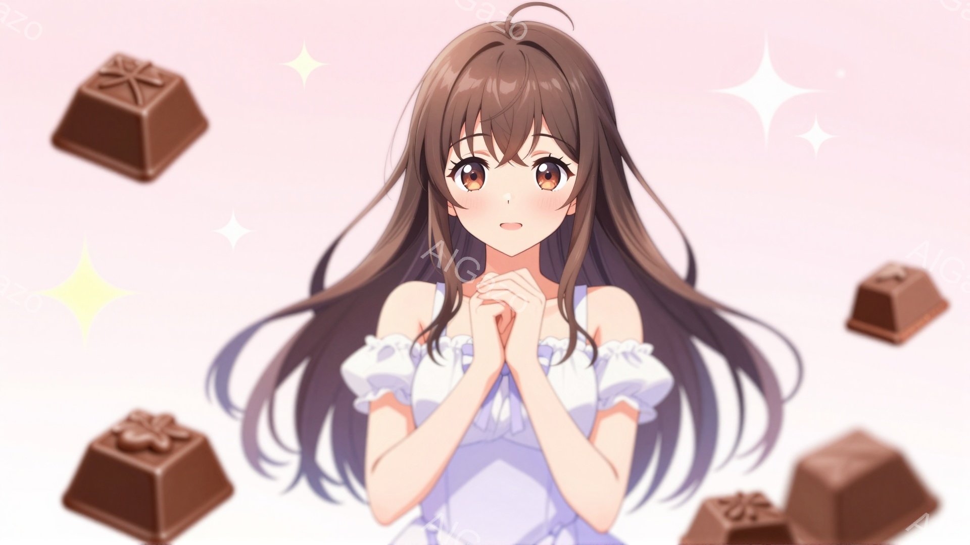 長い茶髪の少女が、薄紫色のフリル付きのワンピースを着て、両手を合わせて祈るようにしています。彼女の表情はやや緊張しており、大きな瞳が印象的です。背景は淡いピンク色で、チョコレートのような四角いオブジェクトとキラキラ光る粒子が散りばめられ、甘く可愛らしい雰囲気を醸し出しています。