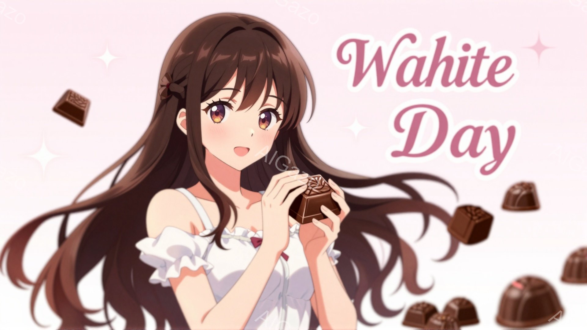 長い黒髪の少女がチョコレートを手に持っています。オフホワイトのフリル襟のブラウスに、淡いピンクのリボンをつけており、優しい笑顔を浮かべています。背景には、様々な種類のチョコレートが散りばめられており、ホワイトデーを連想させる甘くロマンチックな雰囲気です。