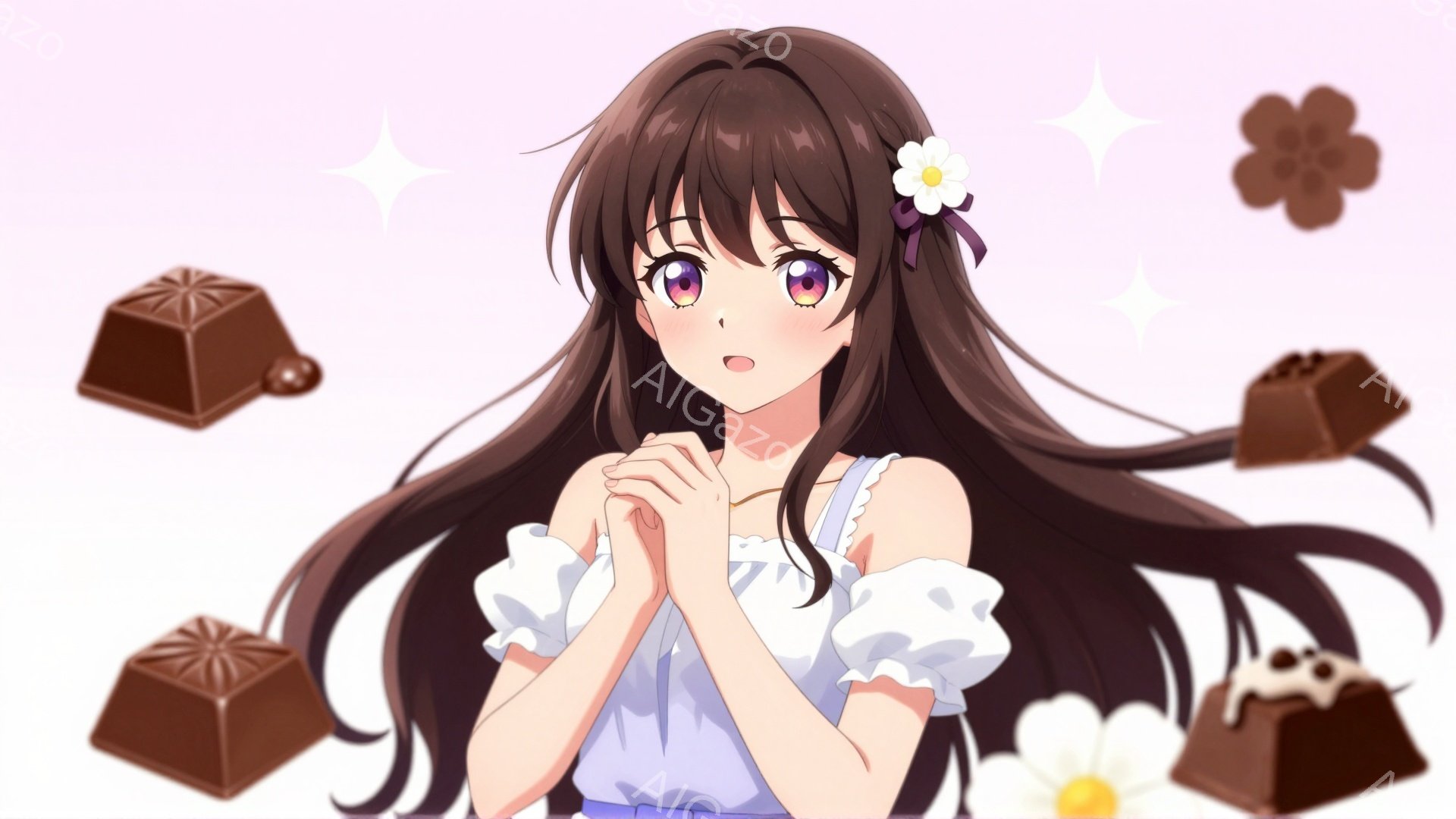黒髪の少女が描かれており、薄紫色のフリル付きのワンピースを着ています。彼女は両手を合わせて祈るようなポーズで、大きな瞳とわずかに開いた口で優しい表情をしています。背景は淡いピンク色で、チョコレートや白い花が散りばめられており、全体的に甘く穏やかな雰囲気を醸し出しています。