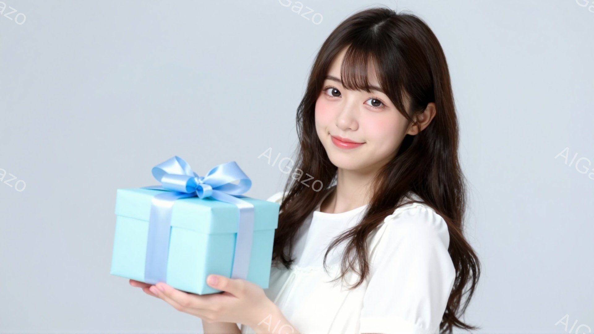 長いダークブラウンの髪をした若い女性が、ターコイズブルーのギフトボックスを片手で差し出しています。白いブラウスを着ており、顔は微笑んでいて、優しく親しみやすい表情をしています。背景は薄いグレーで、人物に焦点が当てられています。