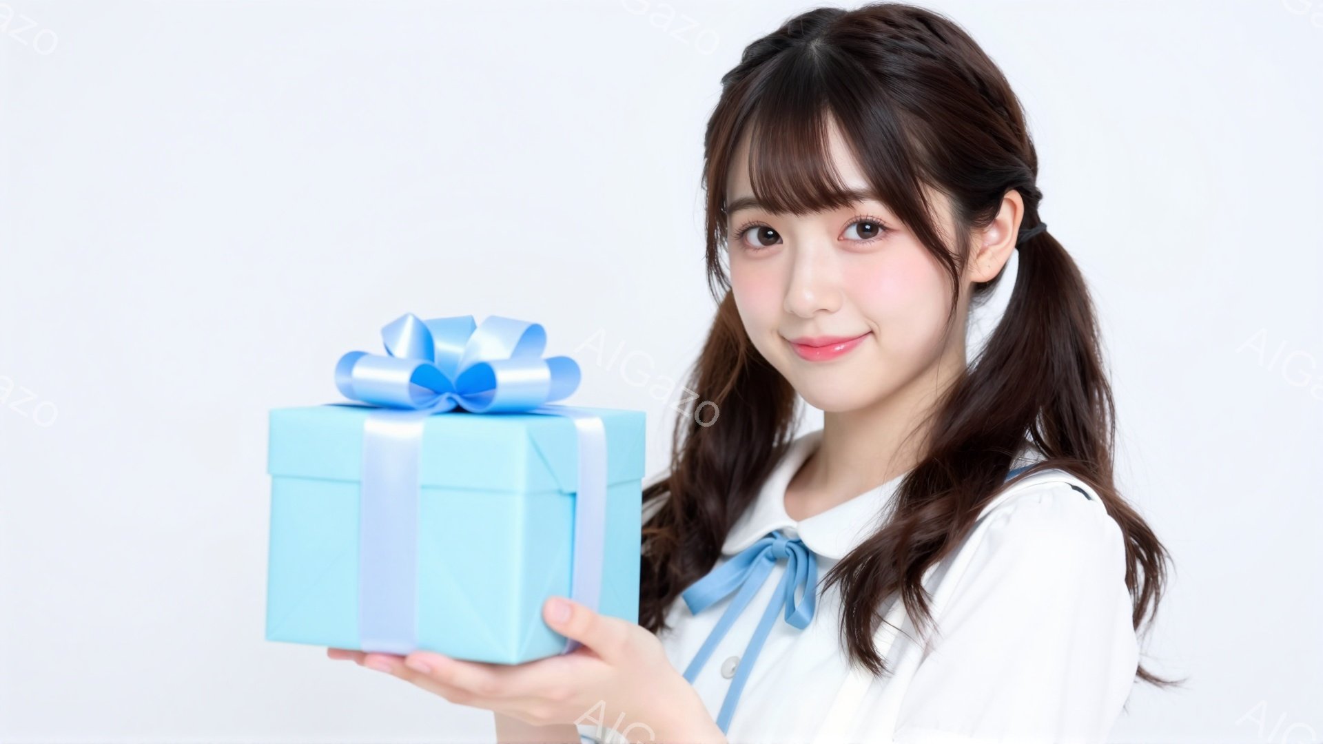 若い女性が正面を向き、両手で水色のギフトボックスを提示しています。彼女は白いブラウスに青いリボンをつけ、髪はサイドテールにしています。明るい笑顔と優しい表情で、背景は白く、全体的に明るく華やかな雰囲気です。