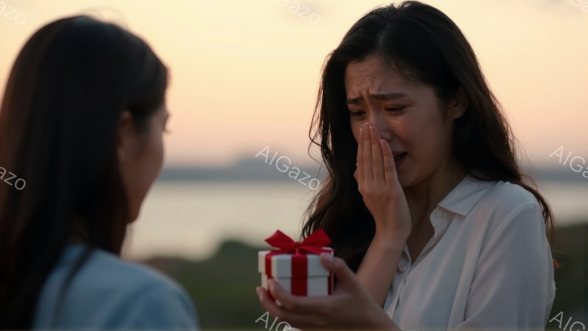 長い髪の女性が、赤いリボンで結ばれた小さな白い箱を受け取り、涙で顔を覆っています。彼女は白いシャツを着ており、背景には夕暮れ時の穏やかな海と緑の丘が見えます。感動的な瞬間を捉えた、暖かくロマンチックな雰囲気です。