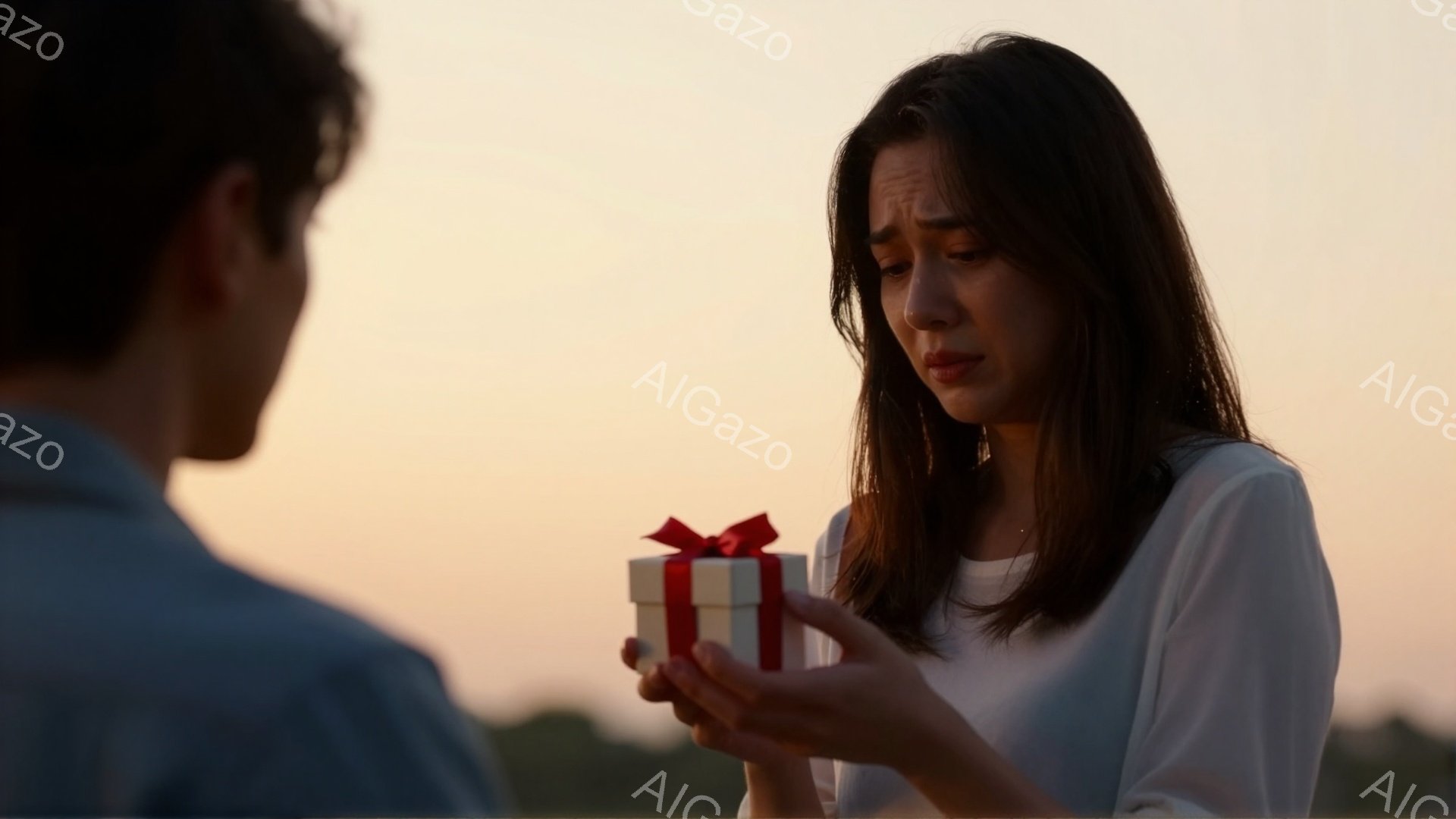 長い髪の女性は白いブラウスを着て、赤いリボンで結ばれた小さなギフトボックスを手に持っています。彼女は悲しそうで涙を浮かべ、視線をギフトボックスに向け、少しうつむいています。背景は夕暮れ時のオレンジ色の空と緑の草地で、左側には青いシャツを着た男性がいて、女性に何かを渡している様子が伺えます。