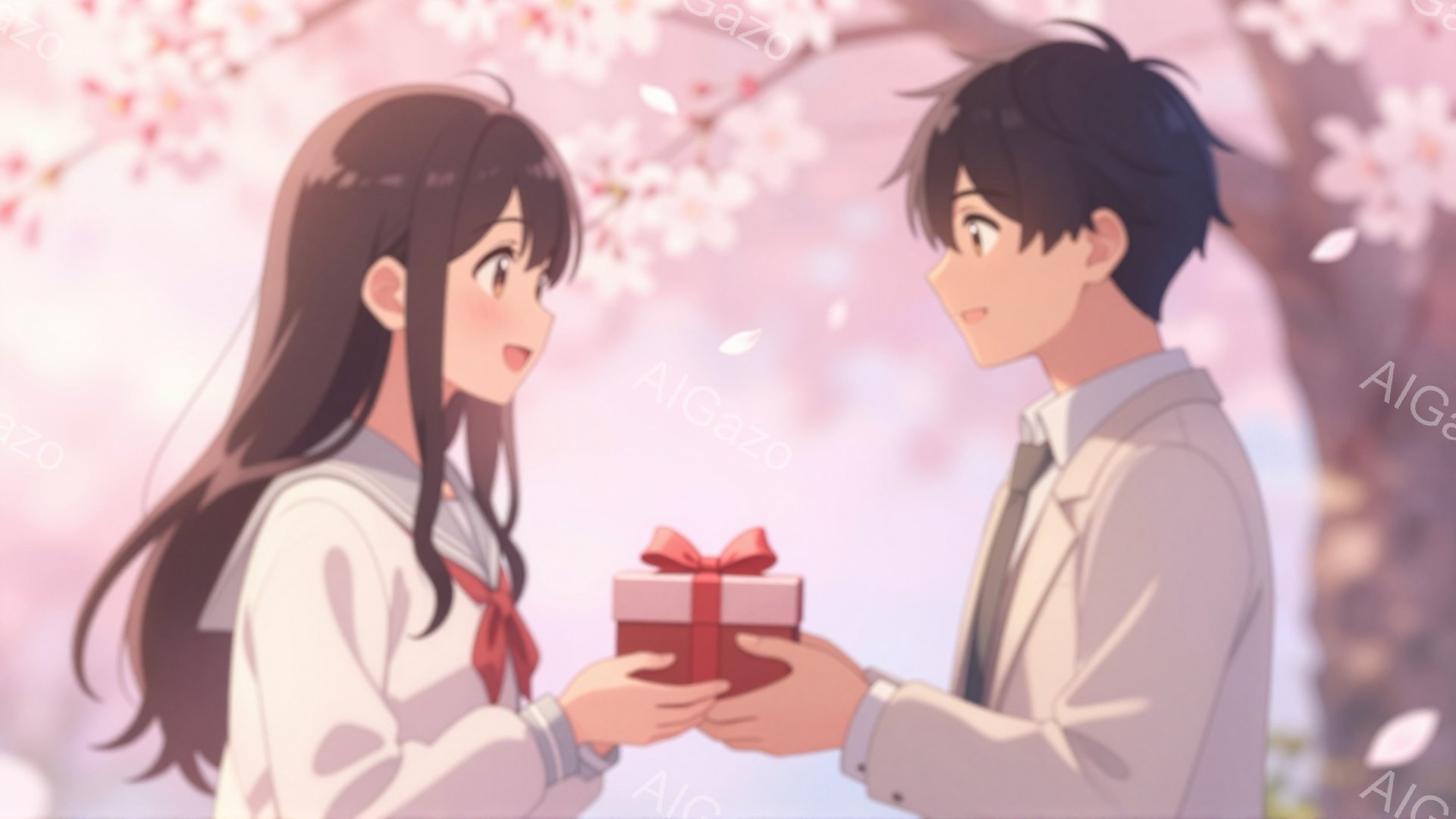 長い黒髪で、前髪は少し内巻きになった少女が、赤いリボンを付けた白い制服を着ています。彼女は微笑みながら、男の子から赤いリボンが付いた小さな赤いプレゼントを受け取ろうとしています。背景には桜の花が咲き乱 - AI生成フリー素材