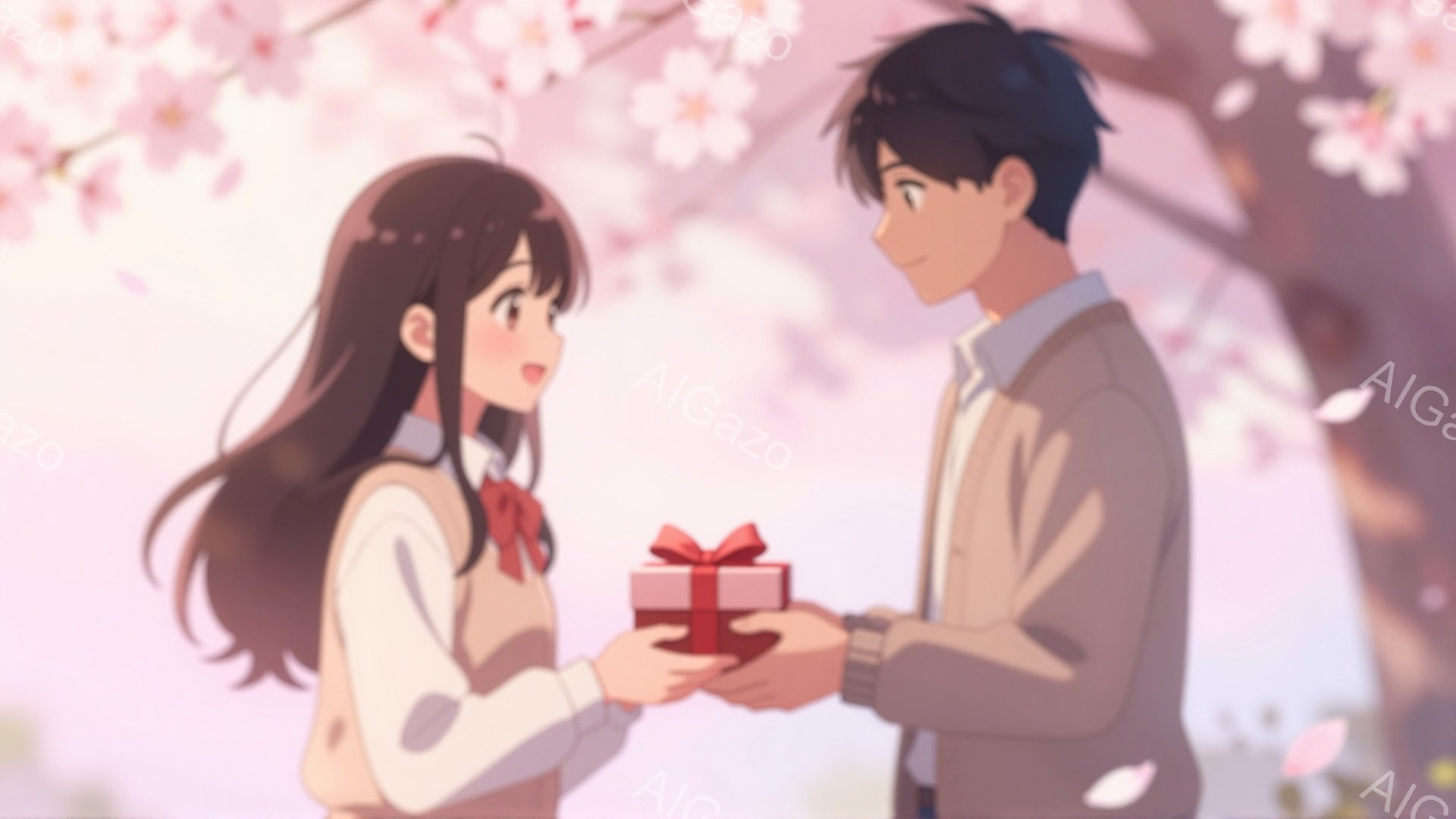 長い茶色の髪を横に流し、赤いリボンを付けた女子学生が、赤いリボンが付いた小さな赤い箱を男子学生に渡している。男子学生はベージュのジャケットを着ており、女子学生はセーターベストと白いシャツを着ている。背 - AI生成フリー素材