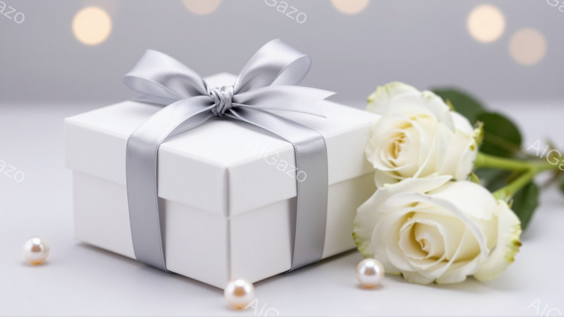 白いギフトボックスが、銀色のリボンで飾られ、光がぼやけた背景に置かれています。ボックスの隣には、白く美しいバラが咲き誇り、箱の周りには真珠が散りばめられています。全体的に、上品でロマンチックな雰囲気が漂っています。