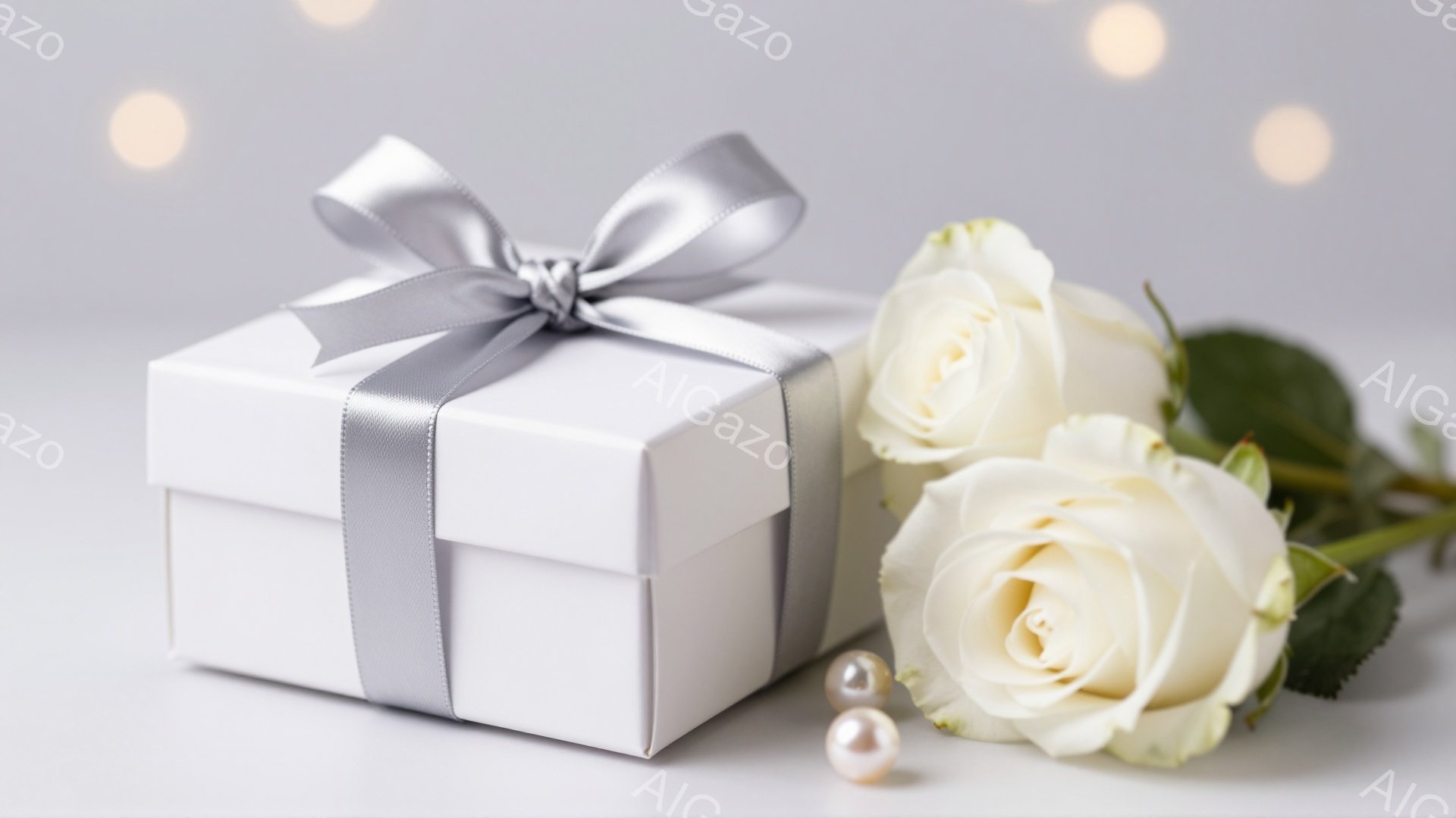 白いギフトボックスが、銀色のリボンで上品に飾られています。ボックスの隣には、咲き誇る白いバラと、真珠のような光沢を持つ2つの小さな丸い装飾が配置されています。背景はぼかした淡いグレーで、光の粒が散りばめられ、ロマンチックで洗練された雰囲気を醸し出しています。