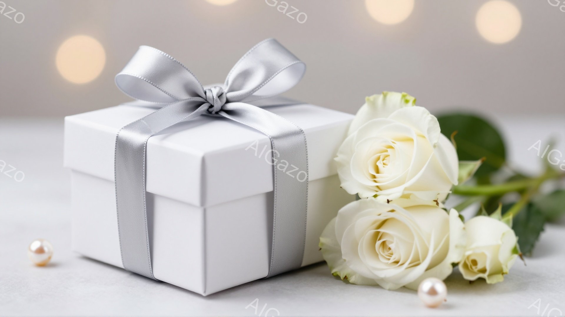白いギフトボックスが、灰色のリボンで上品に飾られ、左側に白いバラの花束が置かれています。背景はぼかされた明るい光で、柔らかくロマンチックな雰囲気を醸し出しています。全体的に、贈り物と花の組み合わせが、 - AI生成フリー素材
