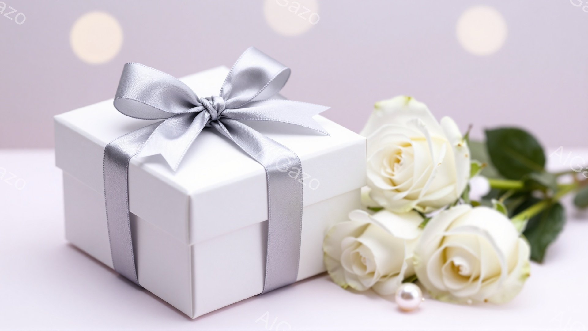 白いギフトボックスが、淡いグレーのリボンで上品に飾られています。ボックスの隣には、つぼみが開き始めた白いバラが数輪と、真珠が置かれ、背景は柔らかいクリーム色でぼやけています。全体的に優雅でロマンチックな雰囲気が漂い、お祝い事や特別な機会を連想させます。