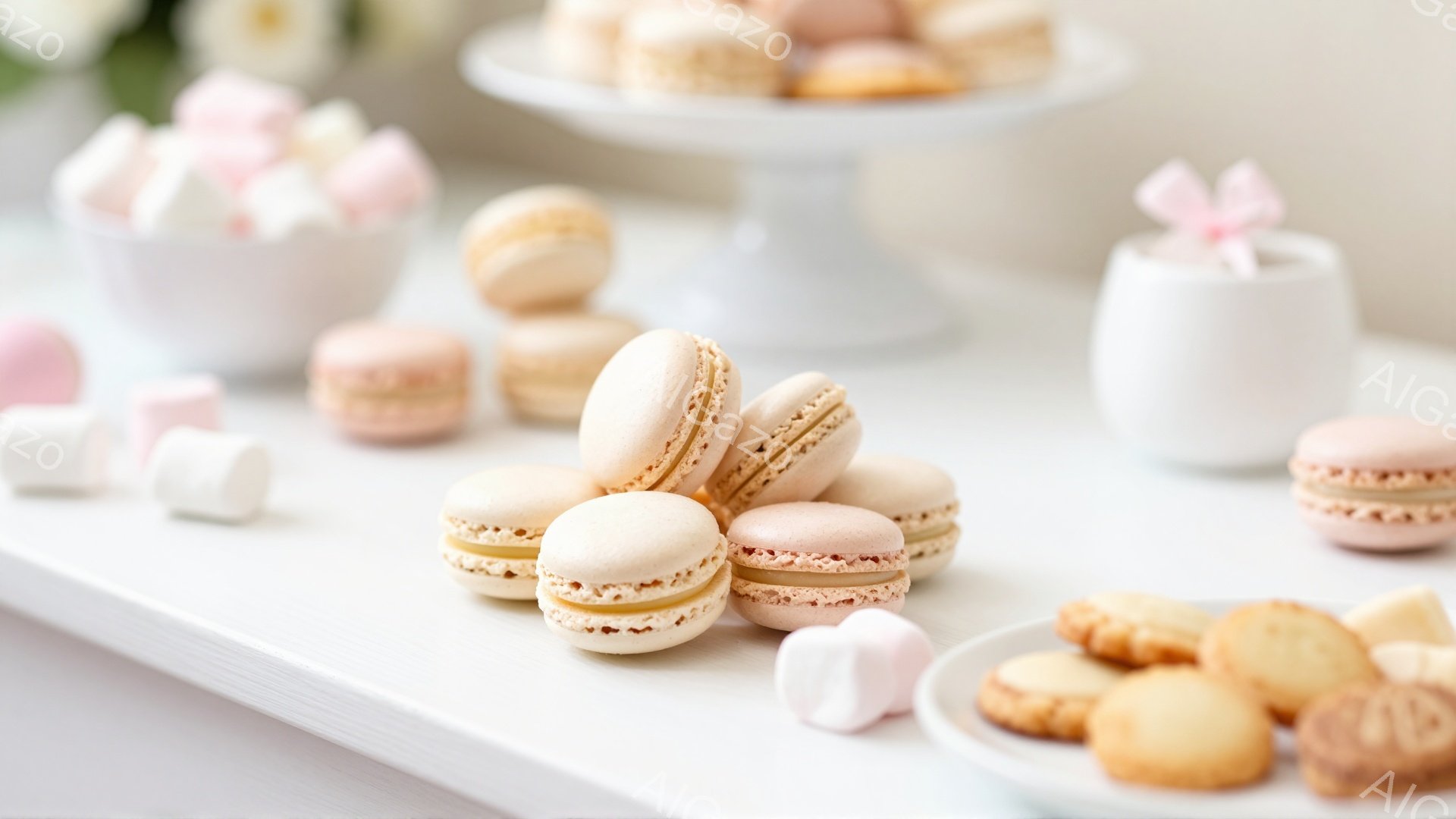 白いテーブルの上に、マカロンの山が可愛らしく置かれています。淡いピンク、クリーム色、茶色のマカロンが混ざり合い、奥にはマカロンを載せたケーキスタンドと、マシュマロ、クッキーが添えられています。全体的にパステルカラーで統一されており、優雅で甘い雰囲気が漂っています。