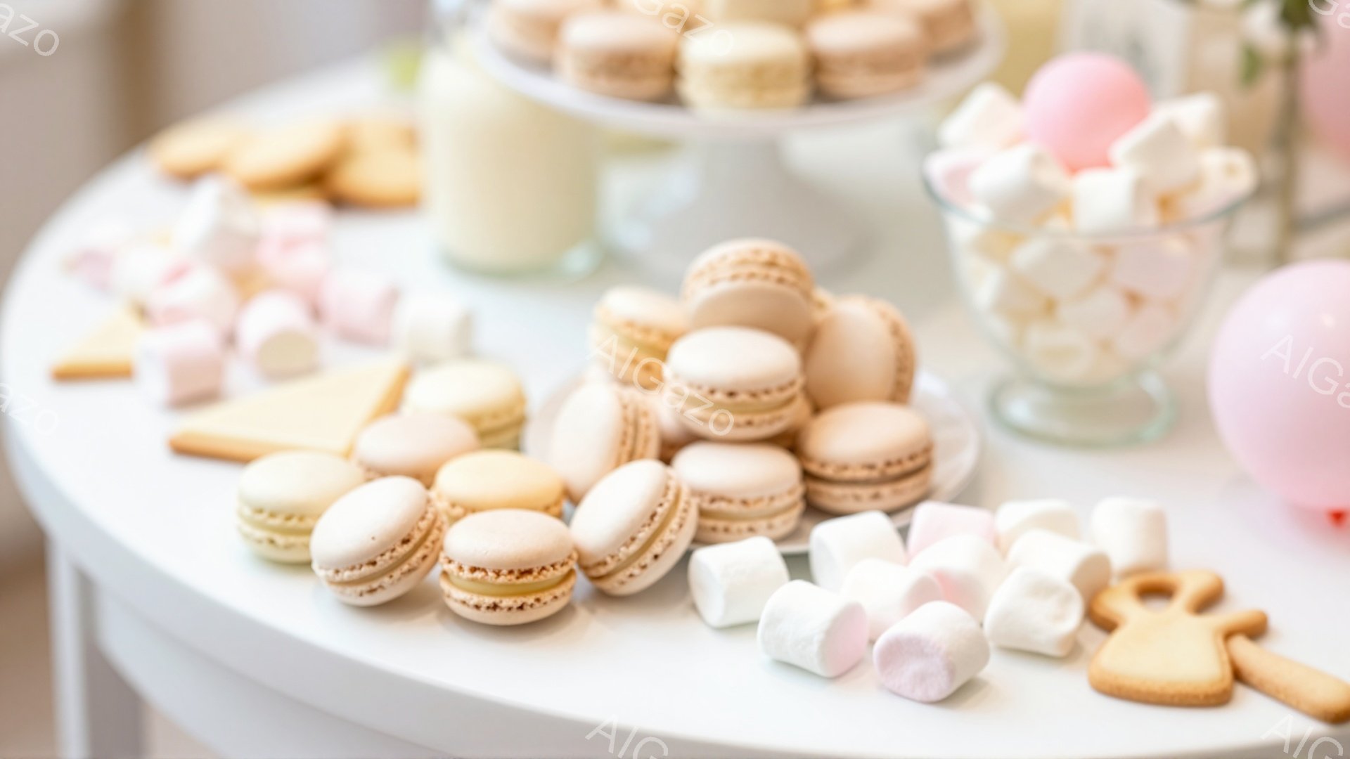 白い丸いテーブルの上に、マカロン、マシュマロ、ジンジャーブレッドクッキーが並べられています。全体的にパステルカラーで統一されており、特にマカロンの淡いピンク、クリーム、ベージュの色合いが優しく、お祝いの雰囲気やティーパーティーを連想させます。背景には、ふっくらとしたピンク色の風船が見え、より柔らかい印象を与えています。