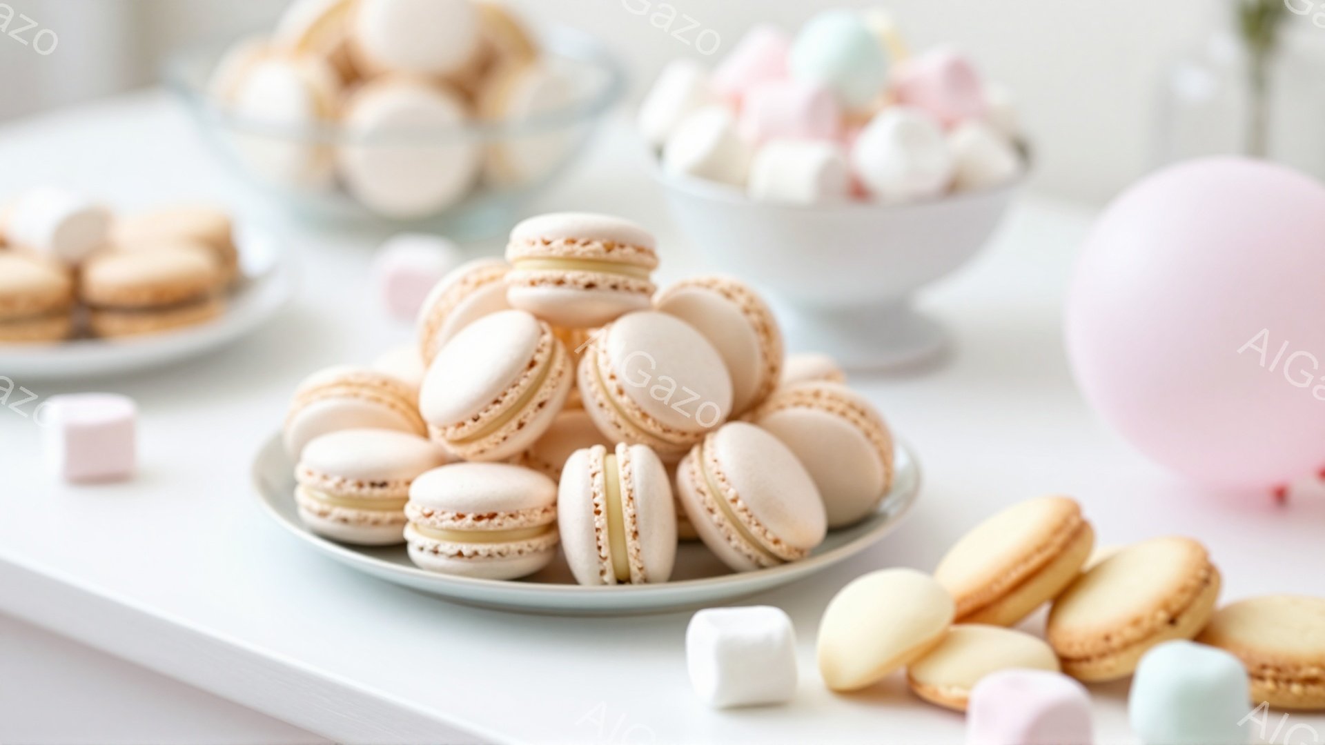 白い背景に、淡いピンク色のマカロンが山積みにされたお皿と、色とりどりのマシュマロ、ビスケットが散りばめられています。全体的にパステルカラーで統一され、柔らかく可愛らしい雰囲気が漂います。まるでパーティーの準備をしているような、甘くて優しい空間が表現されています。