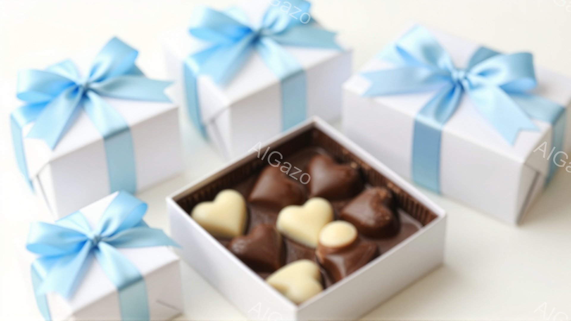 白いギフトボックスが３つと、チョコレートが入った開いたギフトボックスが写っています。チョコレートは様々な色のハート型をしており、ボックスは明るい背景に置かれています。全体的に、甘くてロマンチックな雰囲気が漂っています。