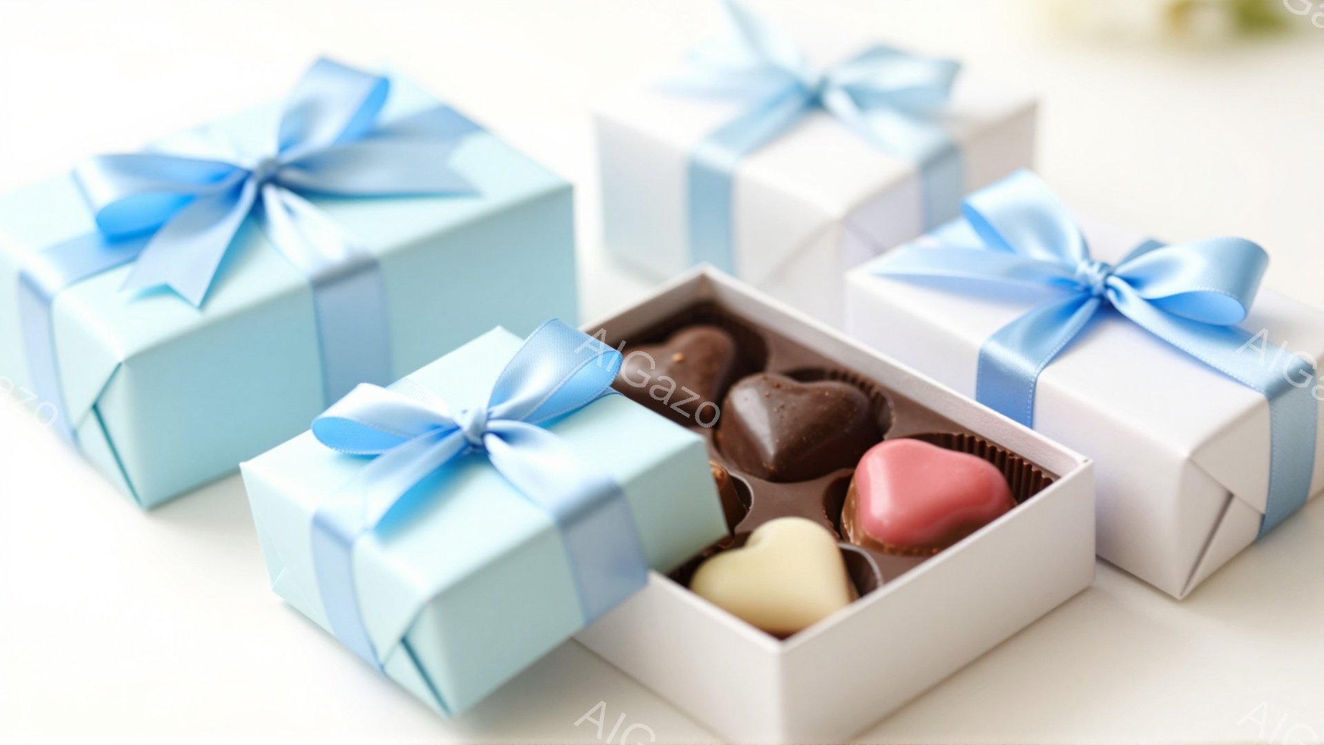 白い背景の上に、水色のリボンで結ばれたギフトボックスと、中身が見えるチョコレートの箱が並んでいます。チョコレートは様々な色合いのハート型をしており、美味しそうに見えます。全体的に柔らかく、甘い雰囲気を - AI生成フリー素材