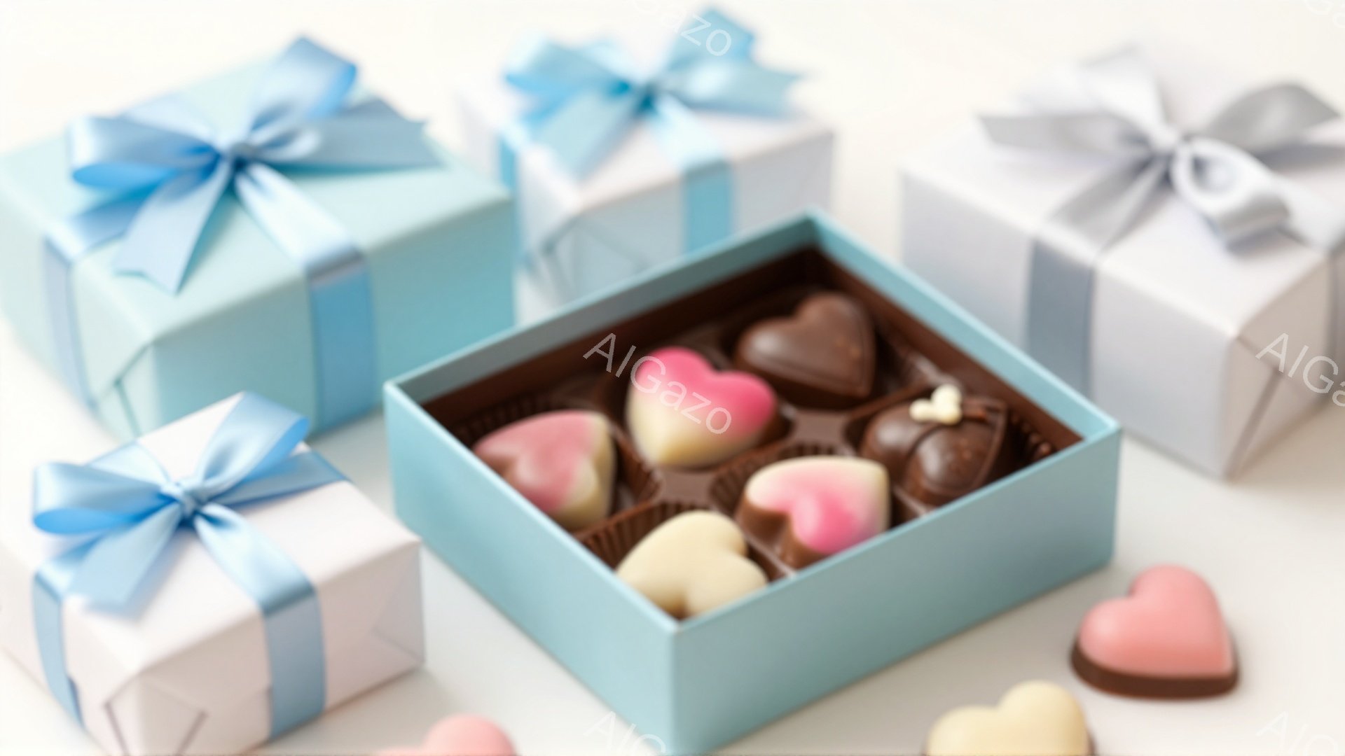 淡い水色のギフトボックスとチョコレートが並んでいます。開いた箱の中には、ピンク、白、茶色のハート型のチョコレートが詰め込まれており、可愛らしい印象を与えます。背景は白く、全体的に柔らかく、優しい雰囲気です。