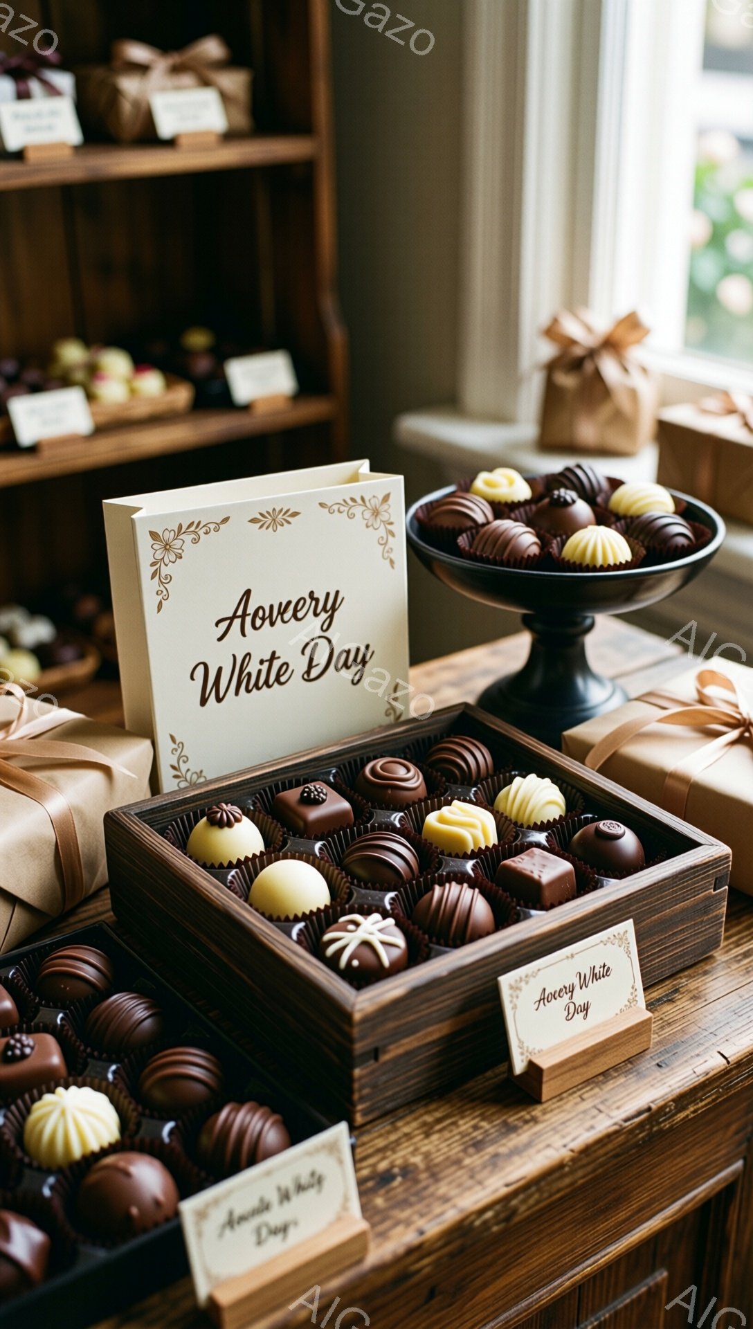 画像には、様々なチョコレートが木製のトレーに美しく並べられています。背景には、包装されたチョコレートが並んだ棚と、ぼやけた自然光が見え、温かみのある雰囲気が漂っています。「Avery White Day」と書かれた小さなラベルが、チョコレートの展示であることを示しています。