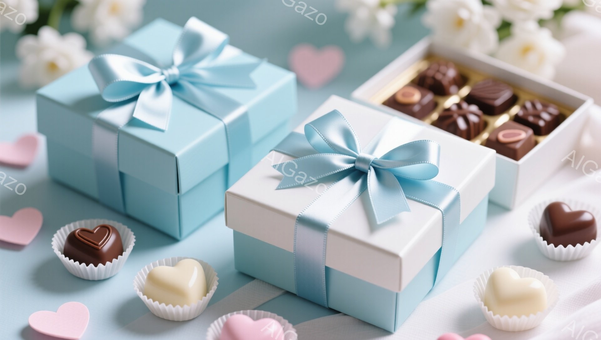 水色のギフトボックスとチョコレートが並んでいます。箱には明るい青いリボンが結ばれており、チョコレートは紙製のカップに入っていたり、箱に並べられていたりします。背景には、淡いピンク色のハート型と白い花がぼやけており、全体的にロマンチックで甘い雰囲気を醸し出しています。