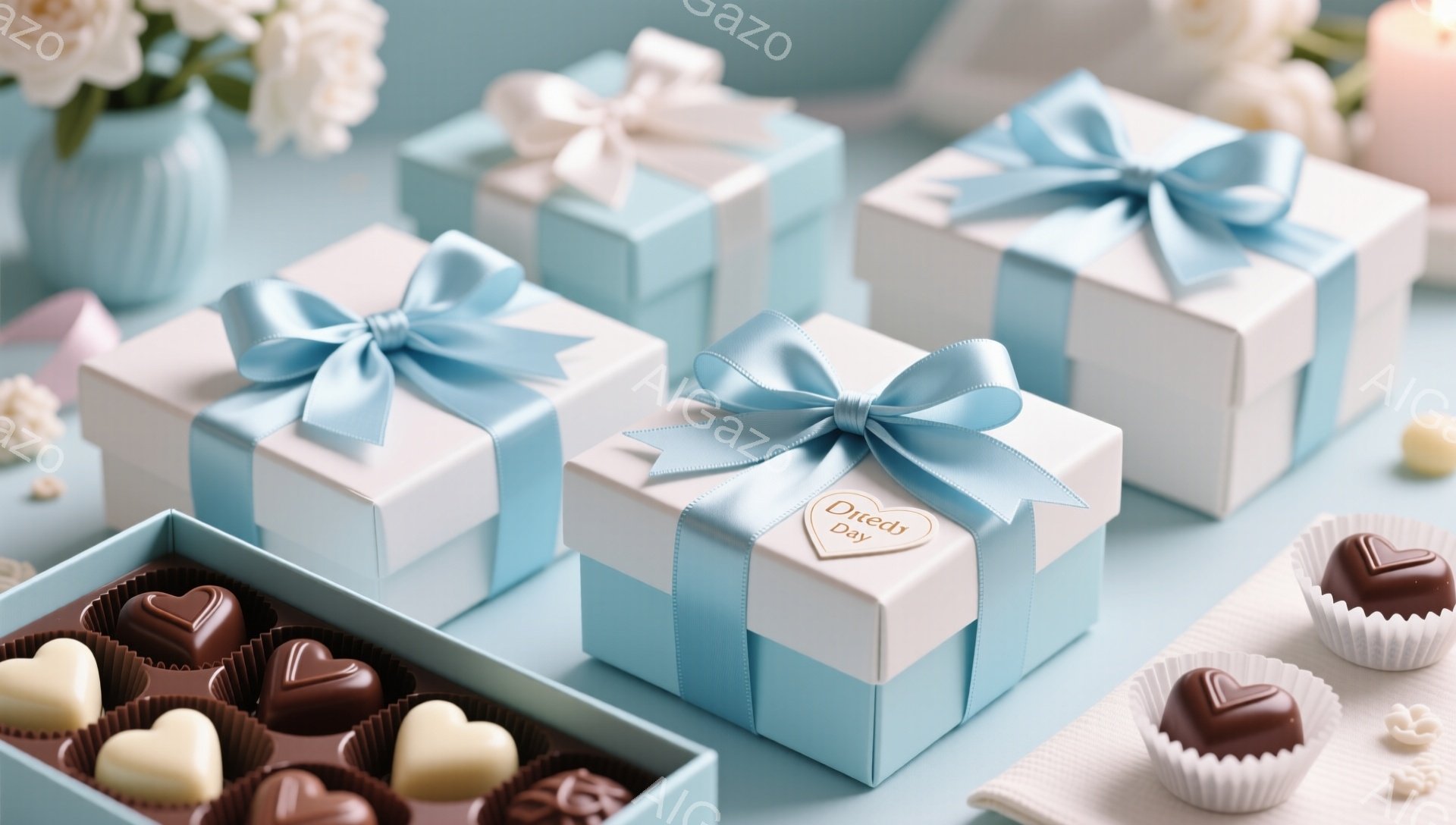 淡い水色の背景に、白いギフトボックスがいくつか並べられています。それぞれのボックスには、明るい水色のリボンが結ばれており、一つには可愛らしいハート型のタグが付いています。ギフトボックスの周りには、チョコレートやカップケーキが散りばめられており、ロマンチックで優しい雰囲気を醸し出しています。