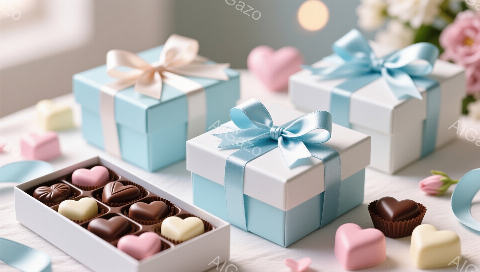 白いテーブルの上に、淡い水色のギフトボックスが三つ並んでおり、それぞれに淡いピンクのリボンが結ばれています。ボックスの周りには、ハート型のチョコレートやキャンディが散りばめられており、箱の中には様々な - AI生成フリー素材